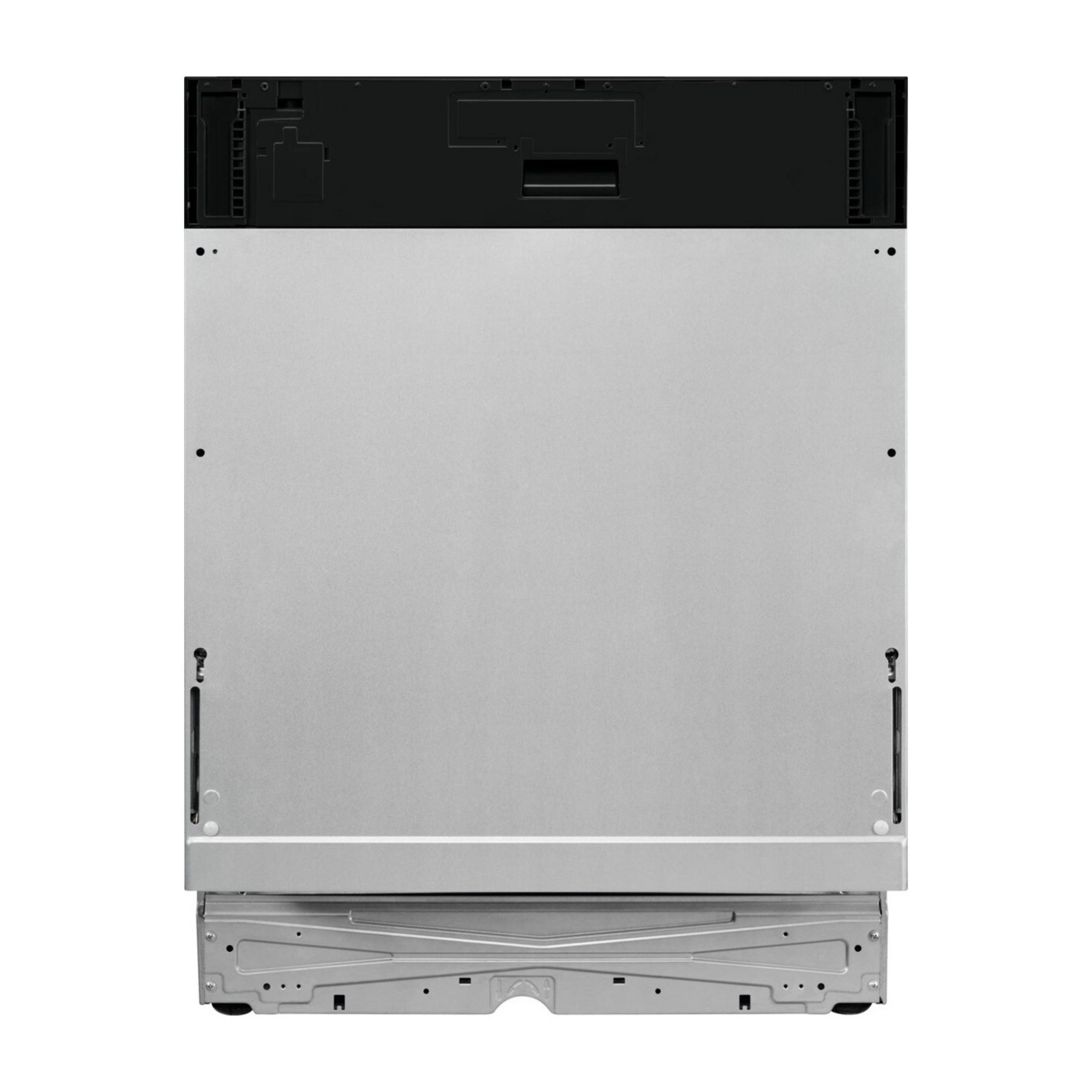 Vista frontal de un lavavajillas integrable con panel de control negro y puerta de metal plateado sobre fondo blanco.