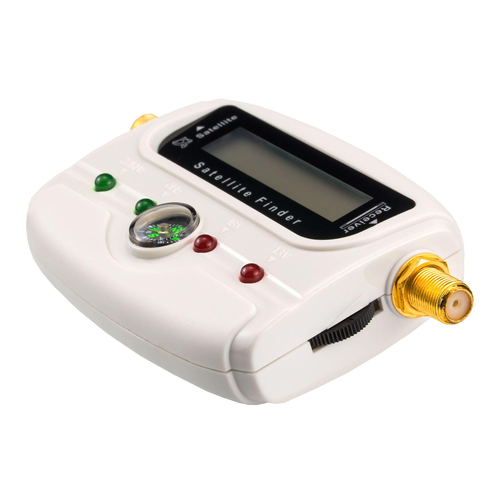 Ein weißer digitaler Satellitenfinder mit LED-Anzeigen, integriertem Kompass und goldenen Anschlüssen.