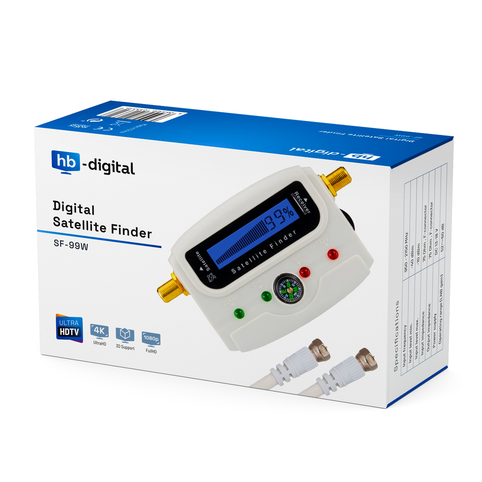 Digitale Satelliten-Finder-Box mit digitalem Display, Kompass und Anschlüssen in blauer und weißer Verpackung.