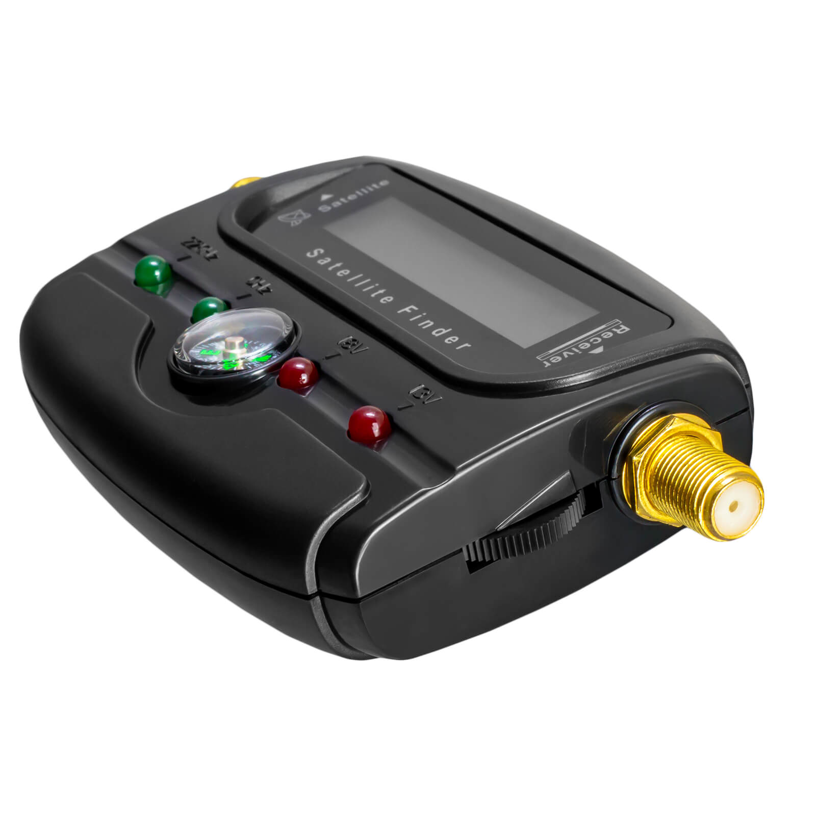 Ein schwarzer Satellitenfinder mit integriertem Kompass, Leuchtanzeigen, Display und goldenem Antennenanschluss.
