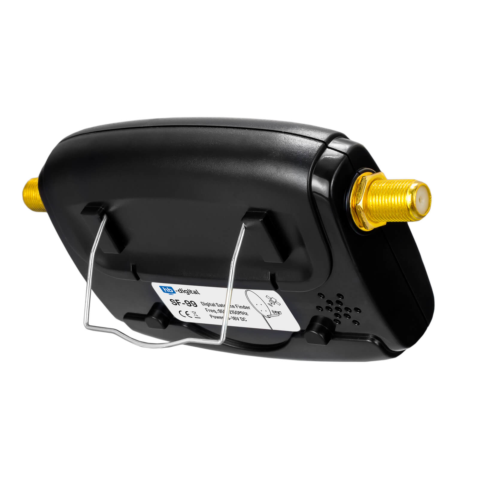 Ein schwarzer digitaler Satellitenfinder mit goldenen Anschlüssen und einem Metallständer vor weißem Hintergrund.