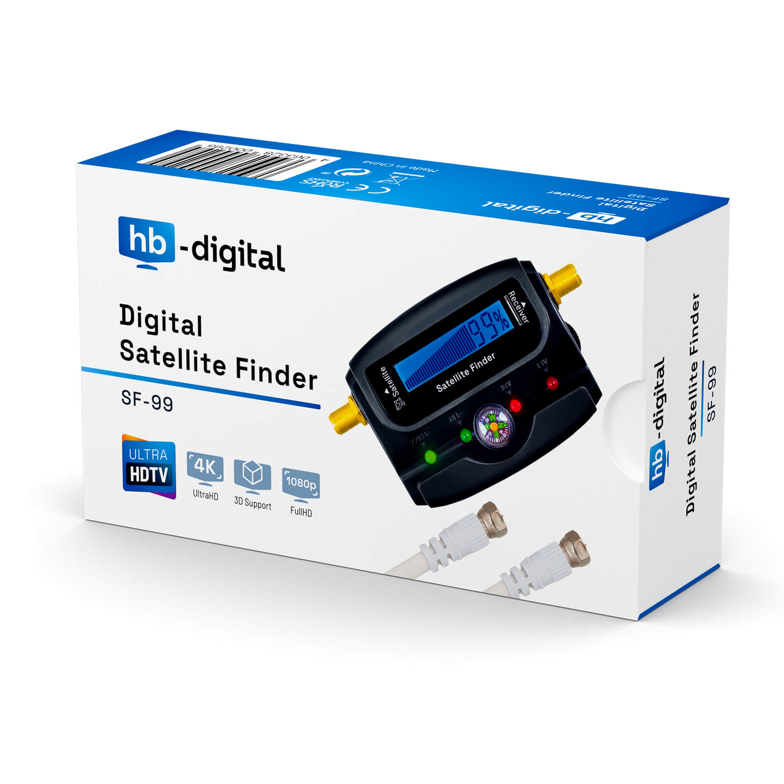 HB-Digital Satellitenfinder SF-99 in weiß-blauer Verpackung mit Display und zwei weißen Kabeln.