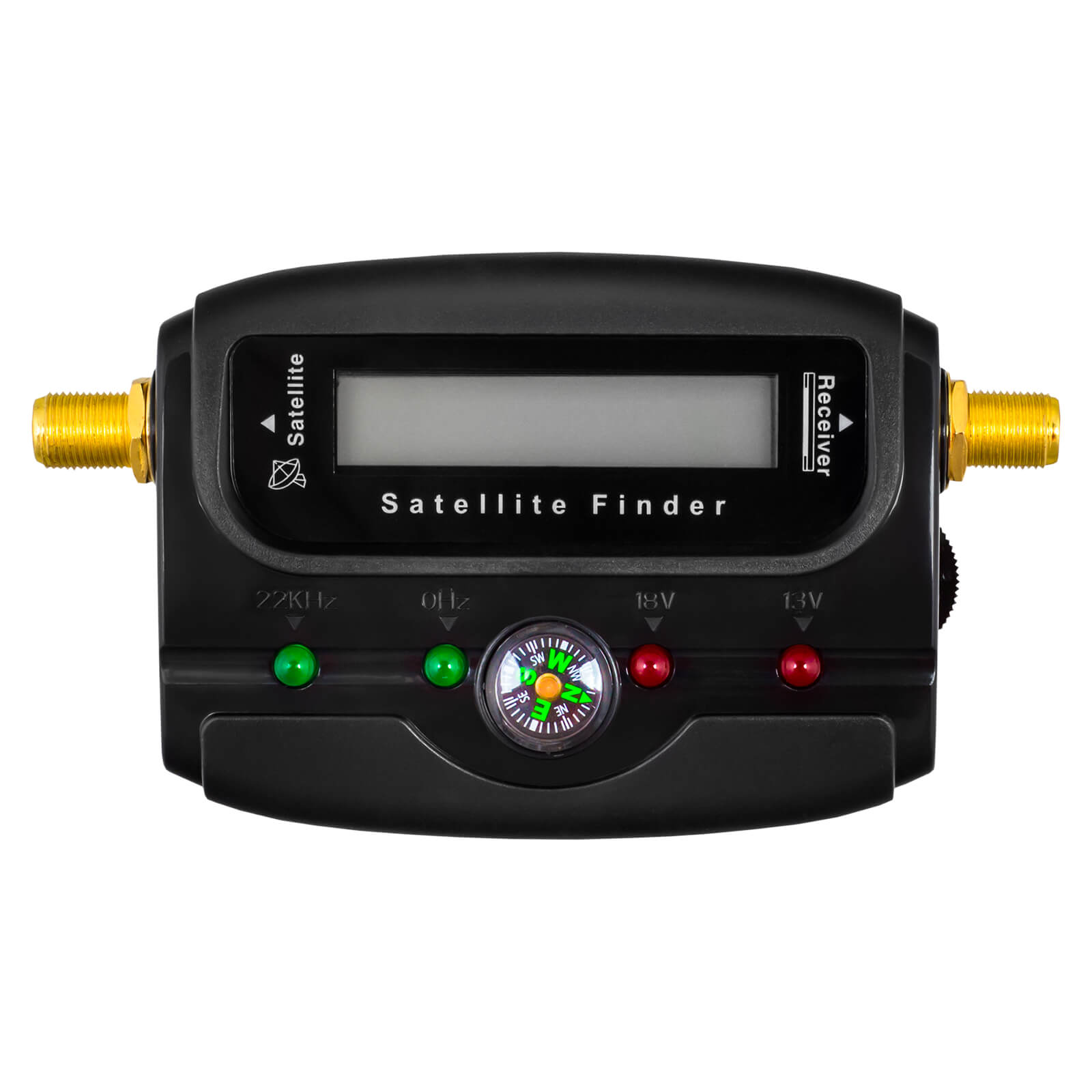 Ein schwarzer Satellitenfinder mit LCD-Bildschirm, Kompass, LED-Anzeigen und goldenen Anschlüssen.