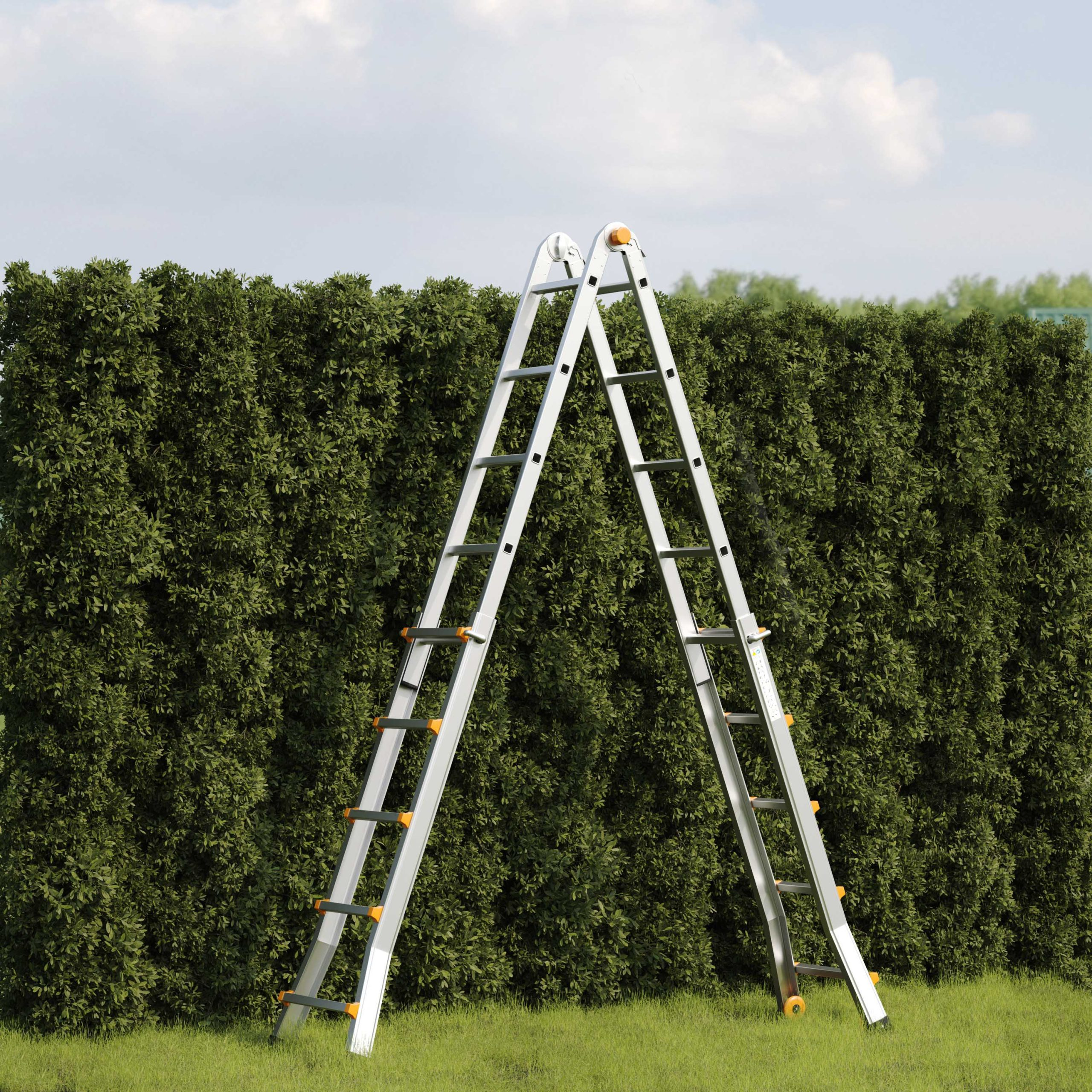 A silver A-frame ladder stands on green grass in front of a tall, dense green hedge under a partly cloudy sky.