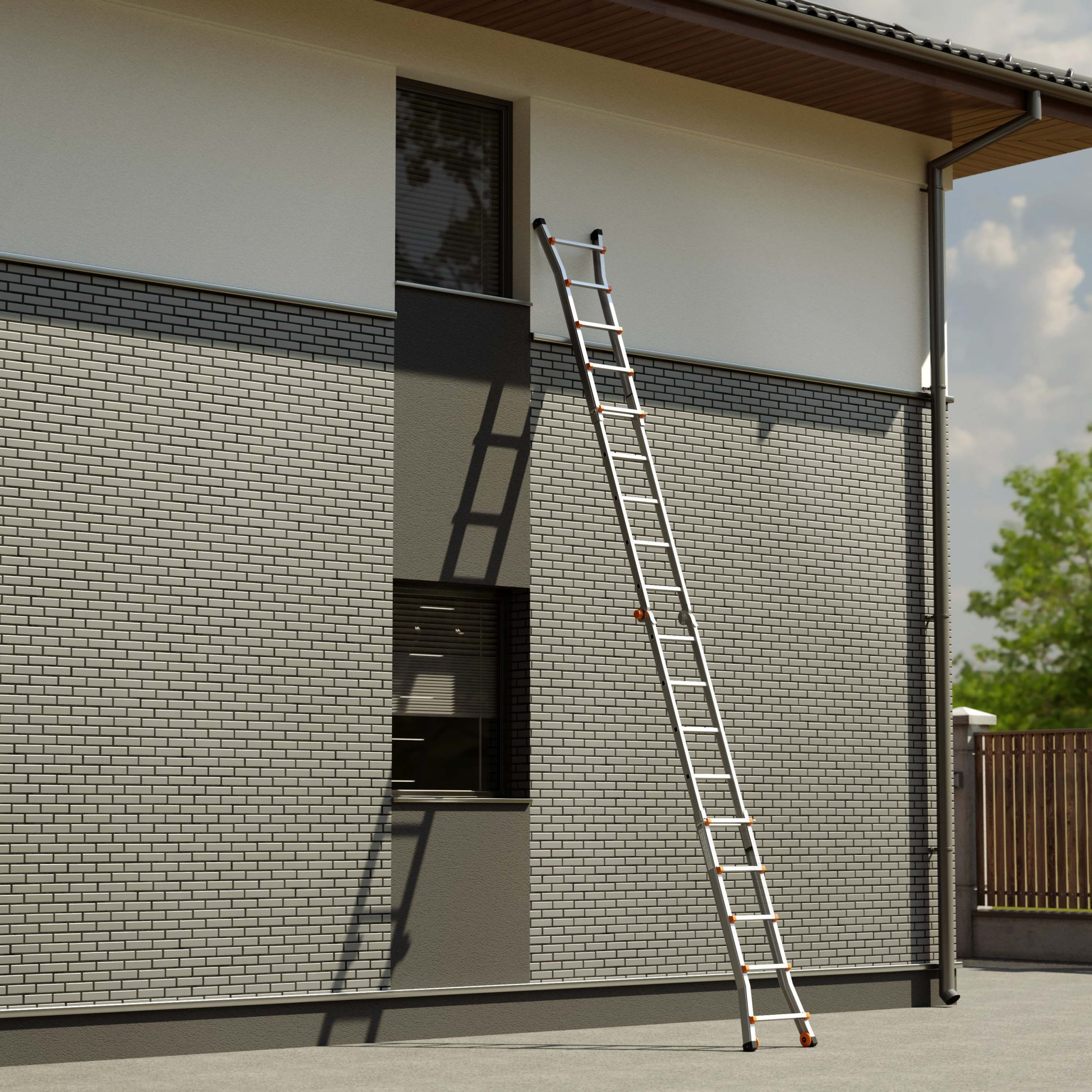 A long metal ladder leans against the grey brick wall of a modern house.