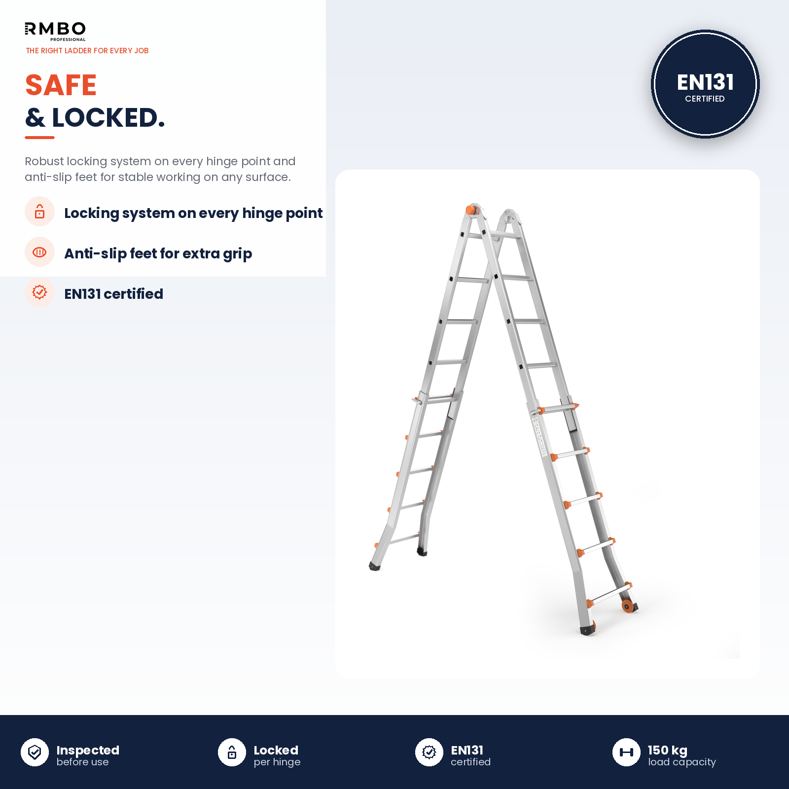 A silver multi-purpose ladder with orange accents, text about hinges and certification on a white background.