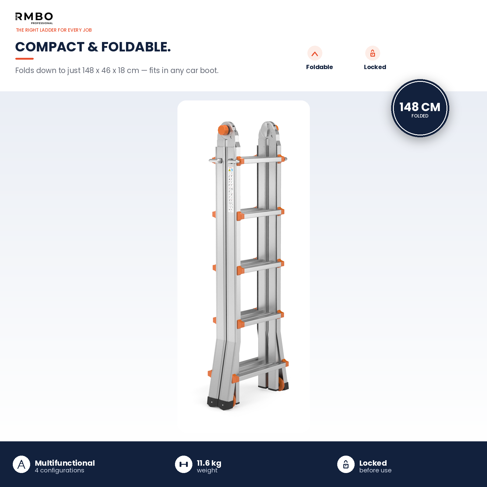 A foldable silver aluminum ladder with orange accents, 148 cm tall when folded.