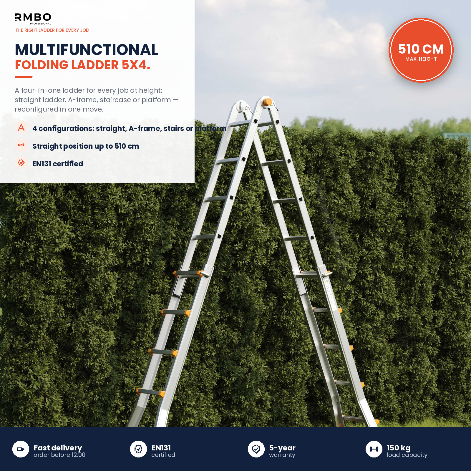 A silver multifunctional folding ladder in A-frame position in front of a green hedge with product text.