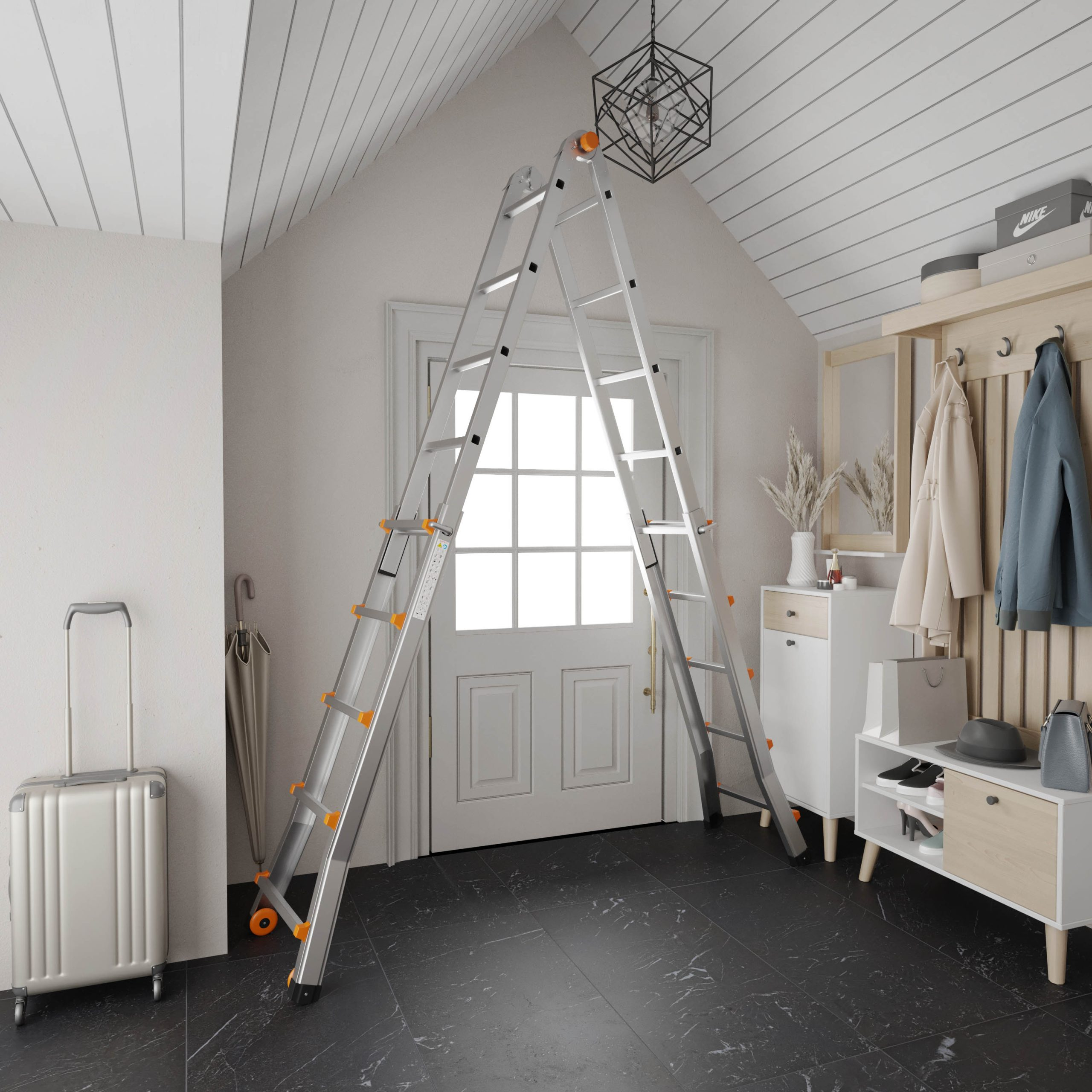 A telescoping ladder stands in the hallway in front of a white front door, with a suitcase and coat rack.