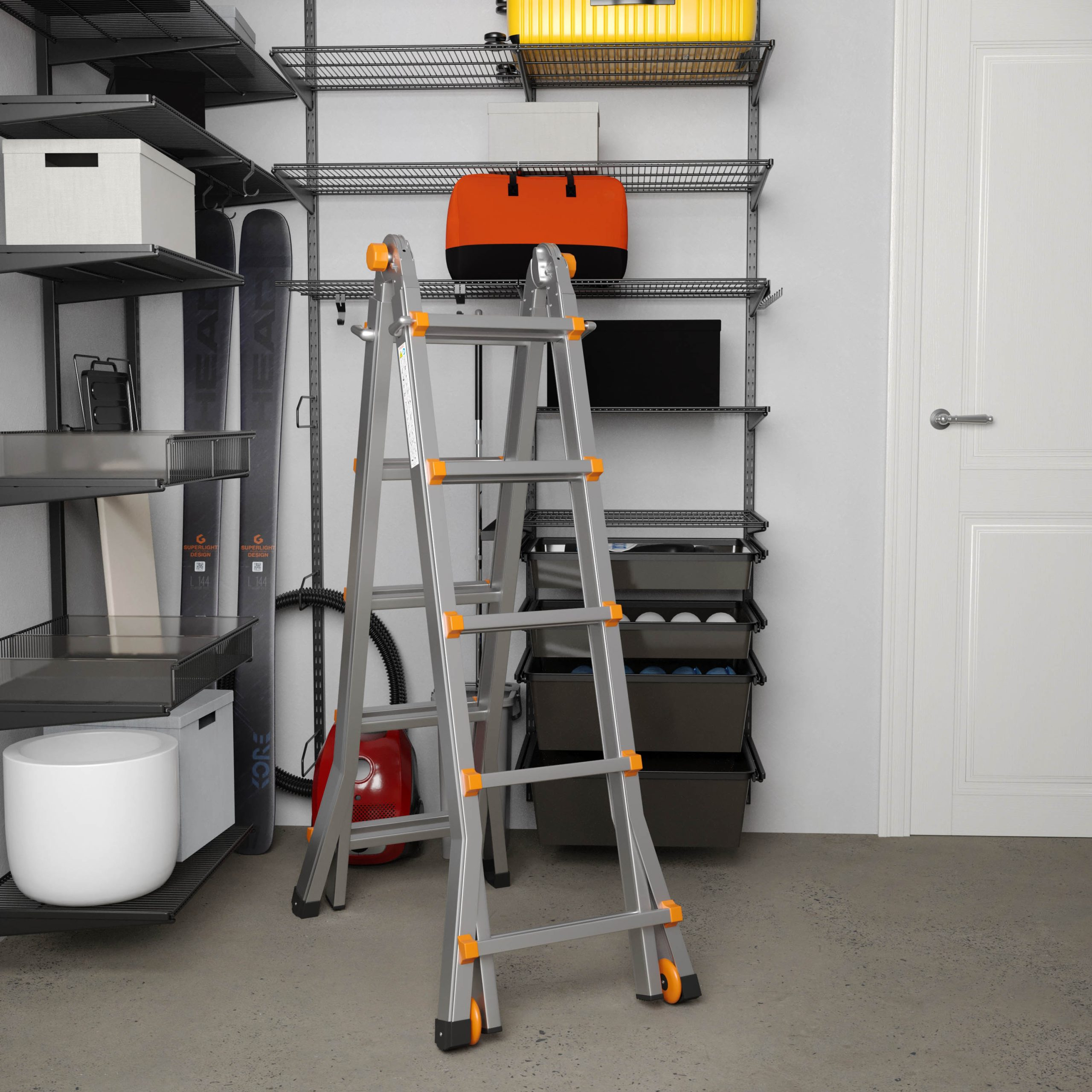 A silver stepladder stands in a bright garage in front of shelves holding skis and a bag.