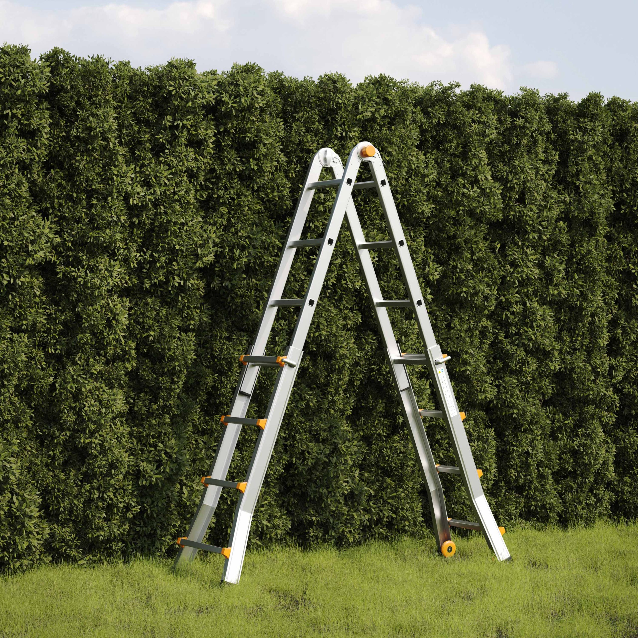 A silver A-frame ladder stands on green grass in front of a dense hedge.