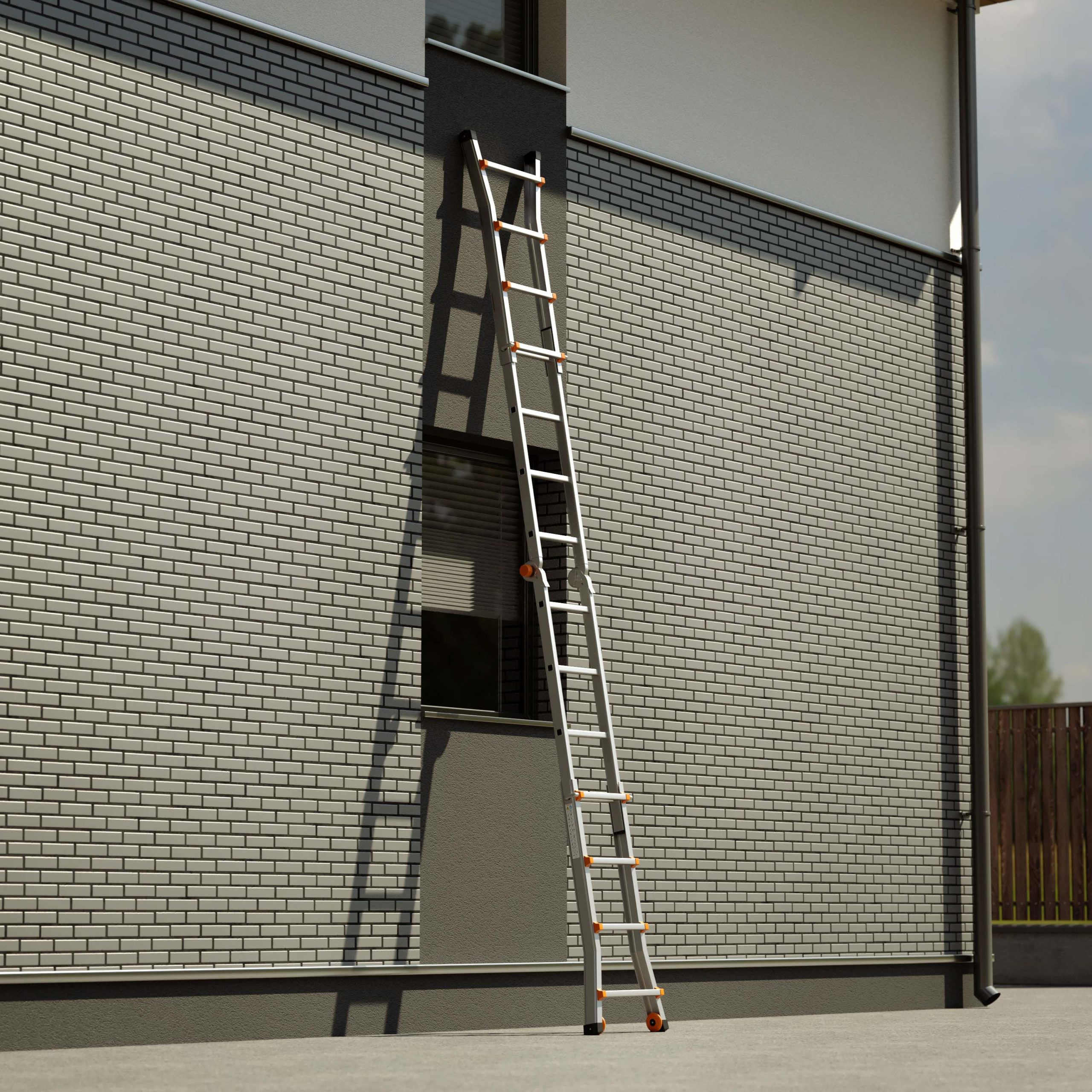 A long metal ladder leaned against a gray brick wall of a house.