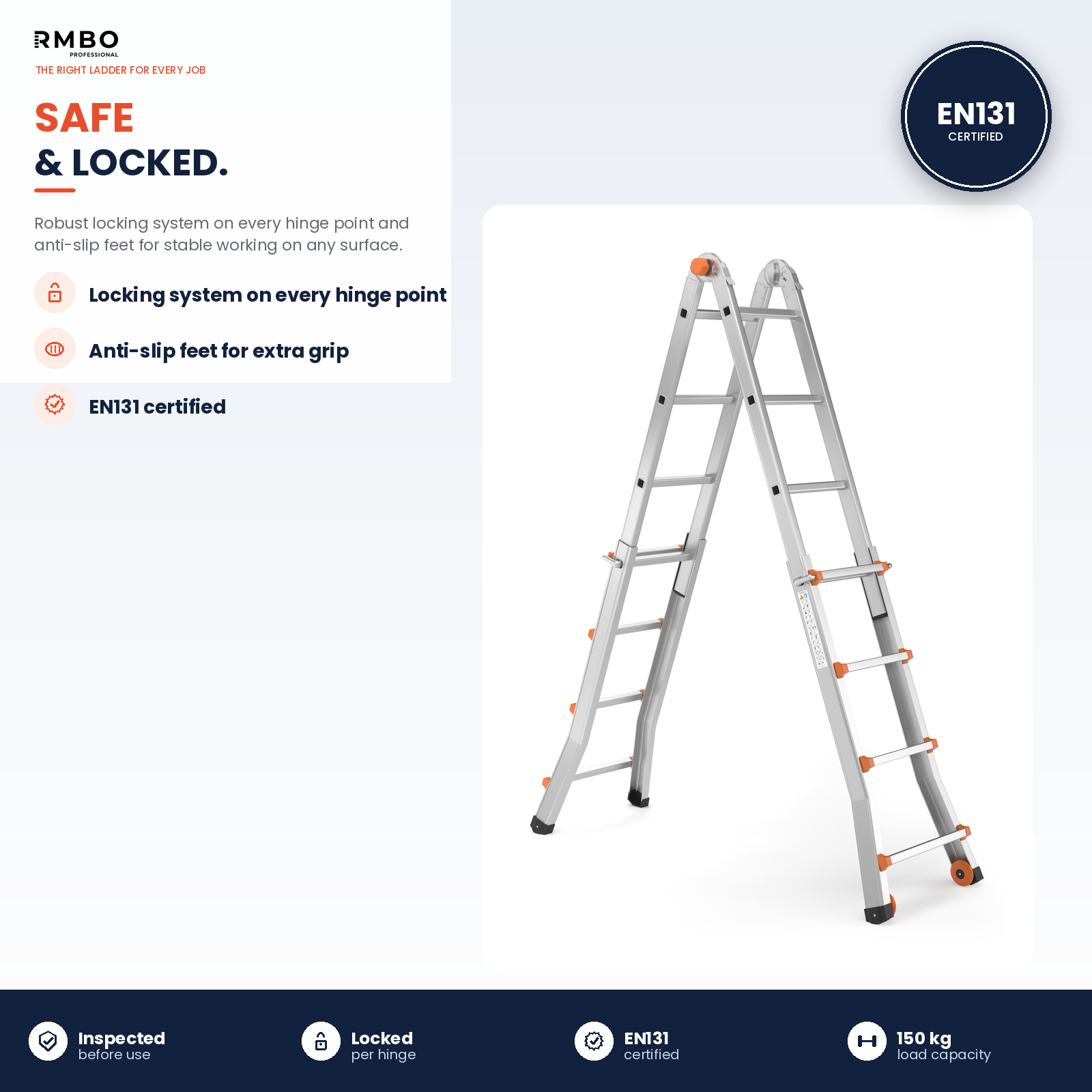 A silver aluminum multi-purpose ladder with orange details, locking hinges, and EN131 certification.