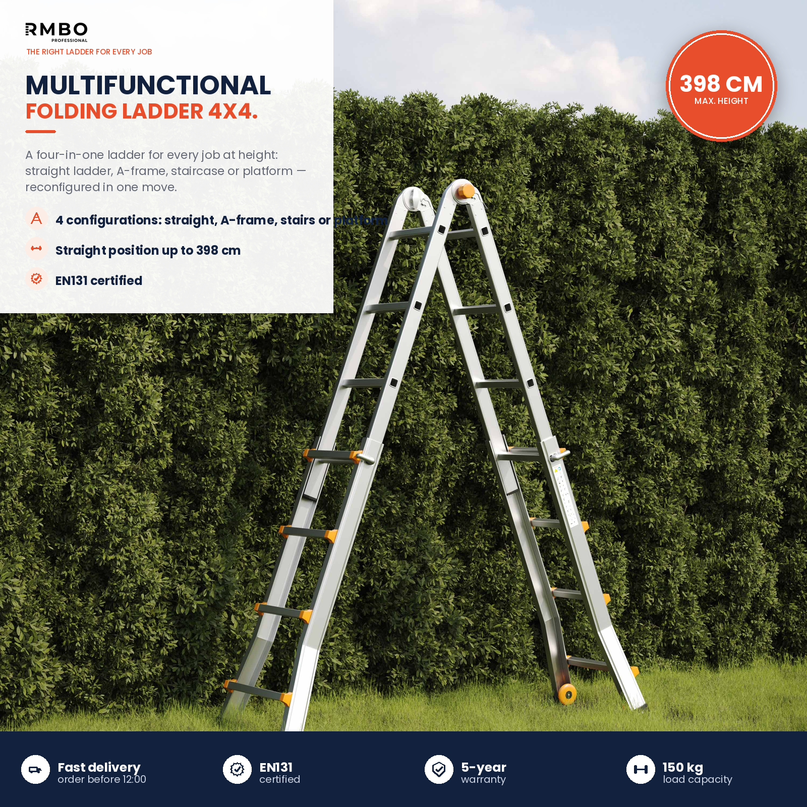 A silver multifunctional folding ladder in A-frame stands on grass before a green hedge with text boxes.