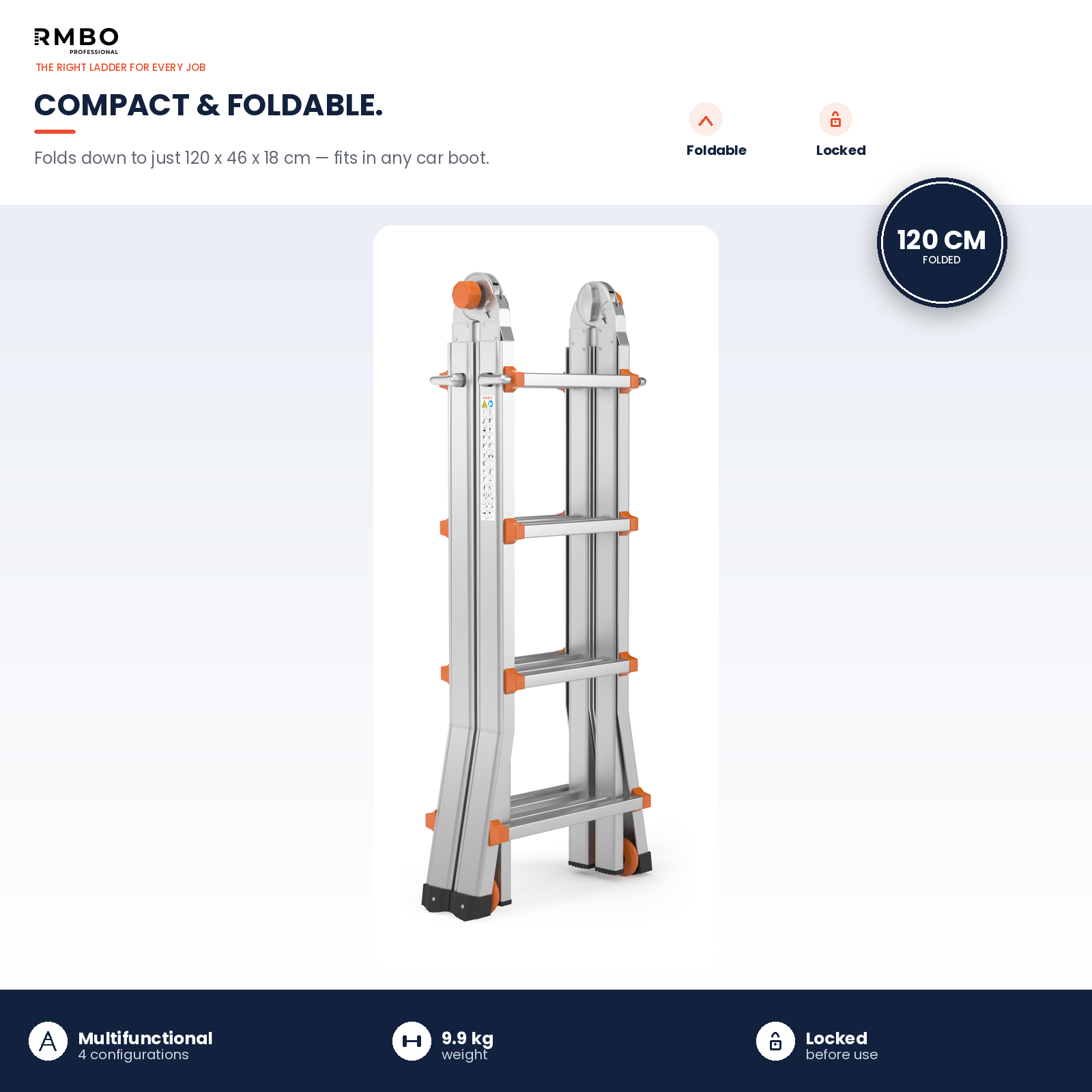 Compact, foldable aluminum ladder in a folded position on a light background with technical icons.