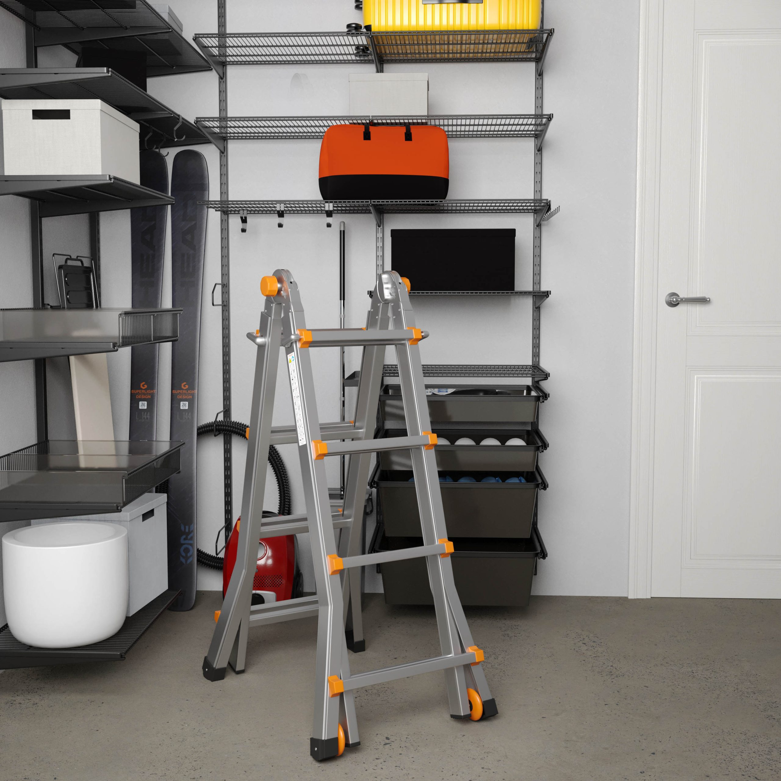 A silver metal stepladder with orange hinges stands in a storage room with metal shelving units and a white door.