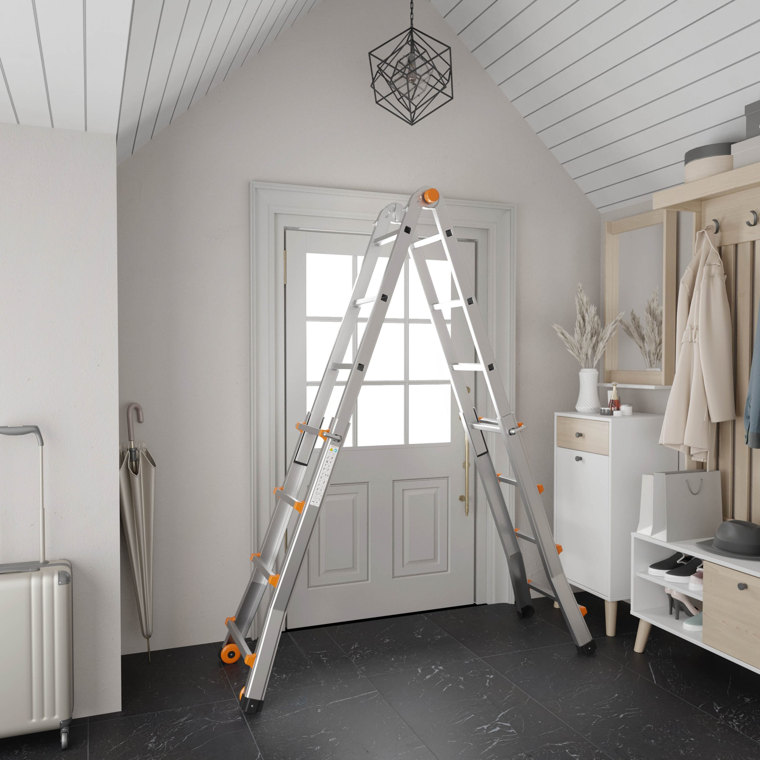 An aluminum ladder stands in a hallway with a white door, black marble floor, and coat rack.