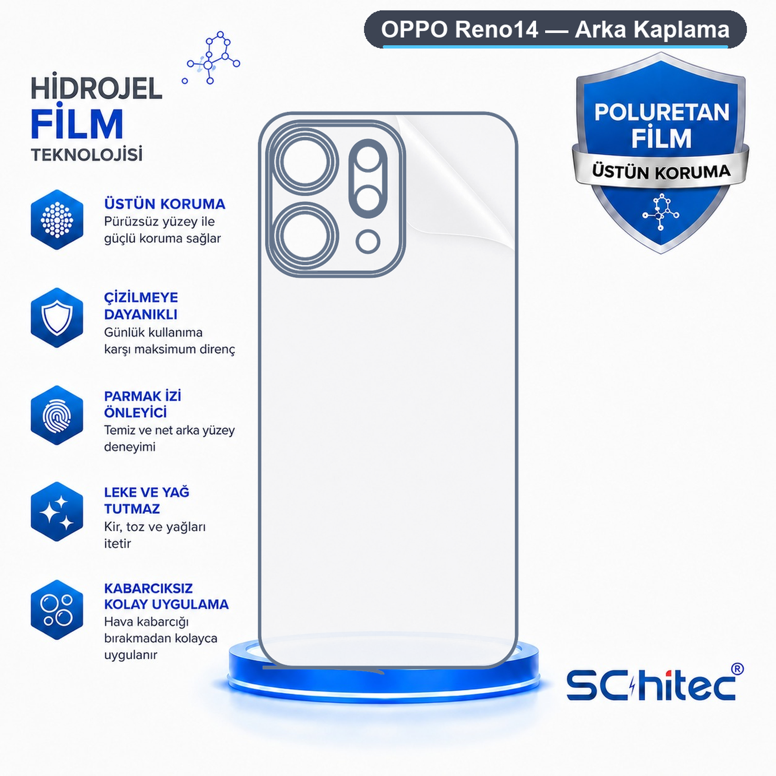 Mavi ve beyaz arka planda çeşitli özellik simgeleri ve metinlerle Oppo Reno14 koruyucu filmini gösteren şema.