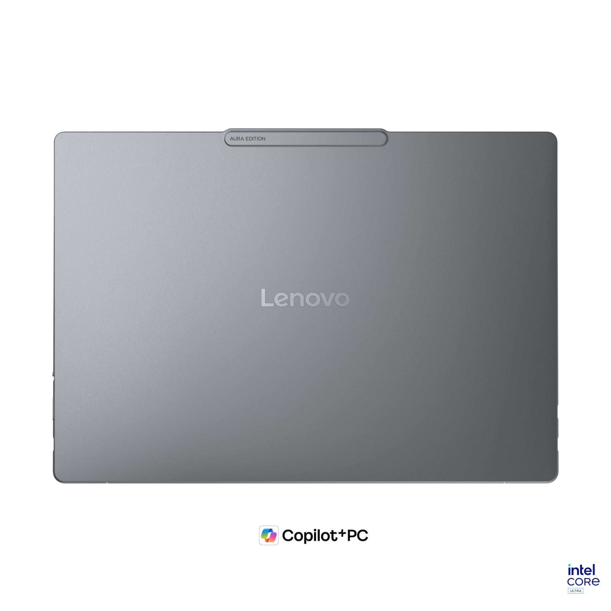 Laptop Lenovo grigio chiuso con la scritta Aura Edition e loghi Copilot+PC e Intel Core Ultra.