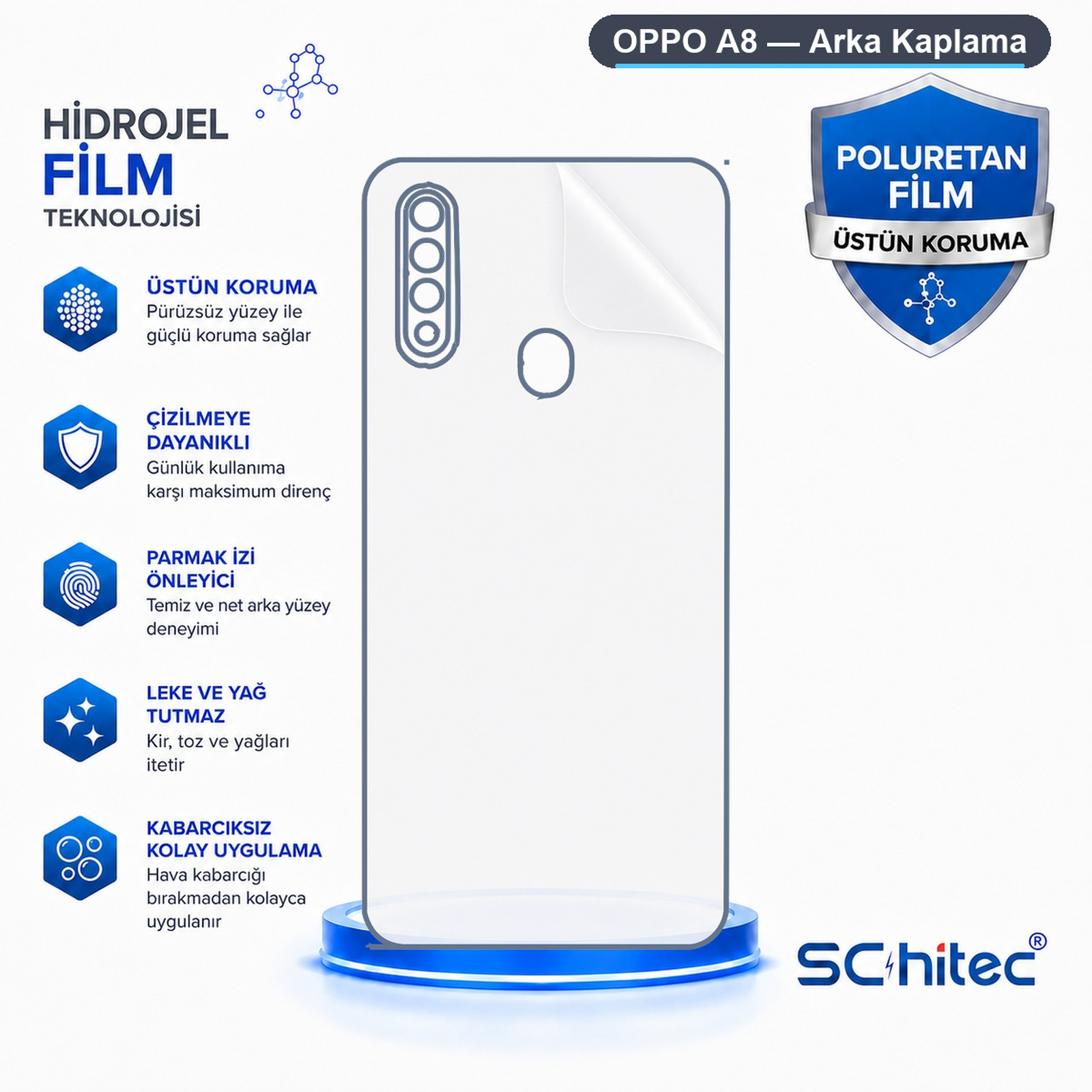 Beyaz ve mavi arka planda Türkçe özelliklerin yer aldığı Oppo A8 arka kaplama reklamı.