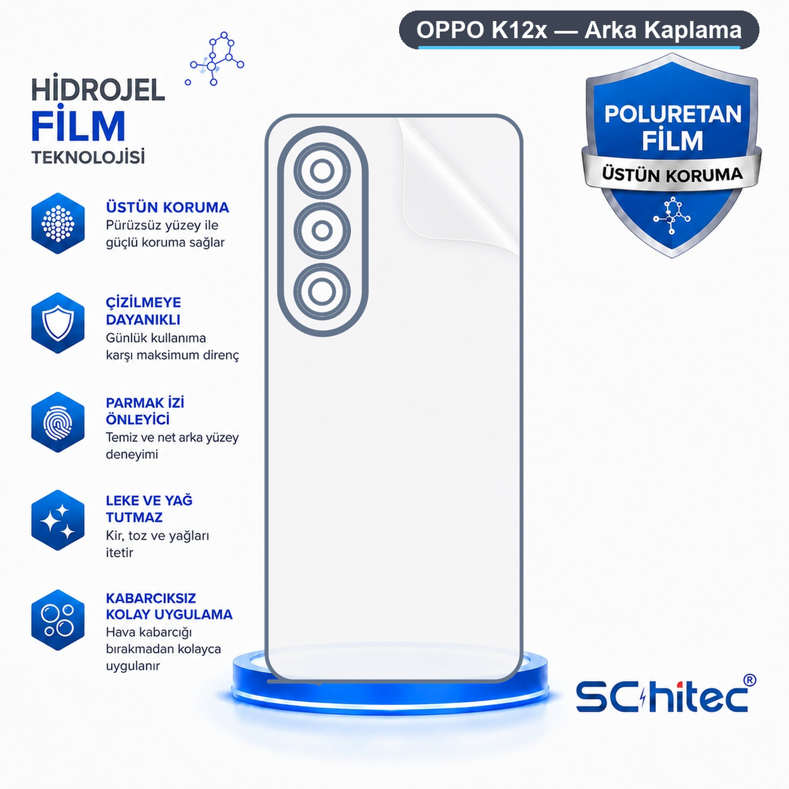 Çizilmeye dayanıklılık ve kabarcıksız uygulama gibi koruyucu özelliklere sahip Oppo K12x poliüretan film görseli.