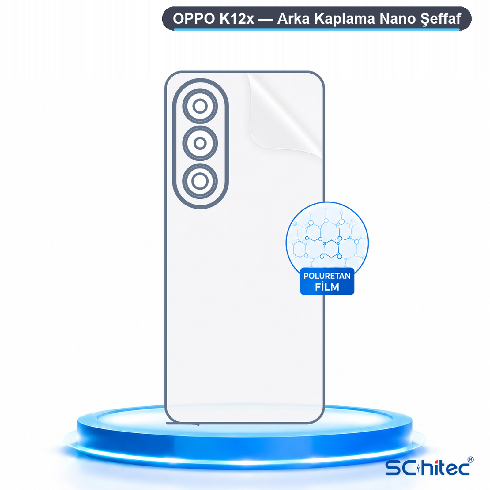 Molekül simgeli ve yazılı mavi kaide üzerinde Oppo K12x şeffaf koruyucu film.