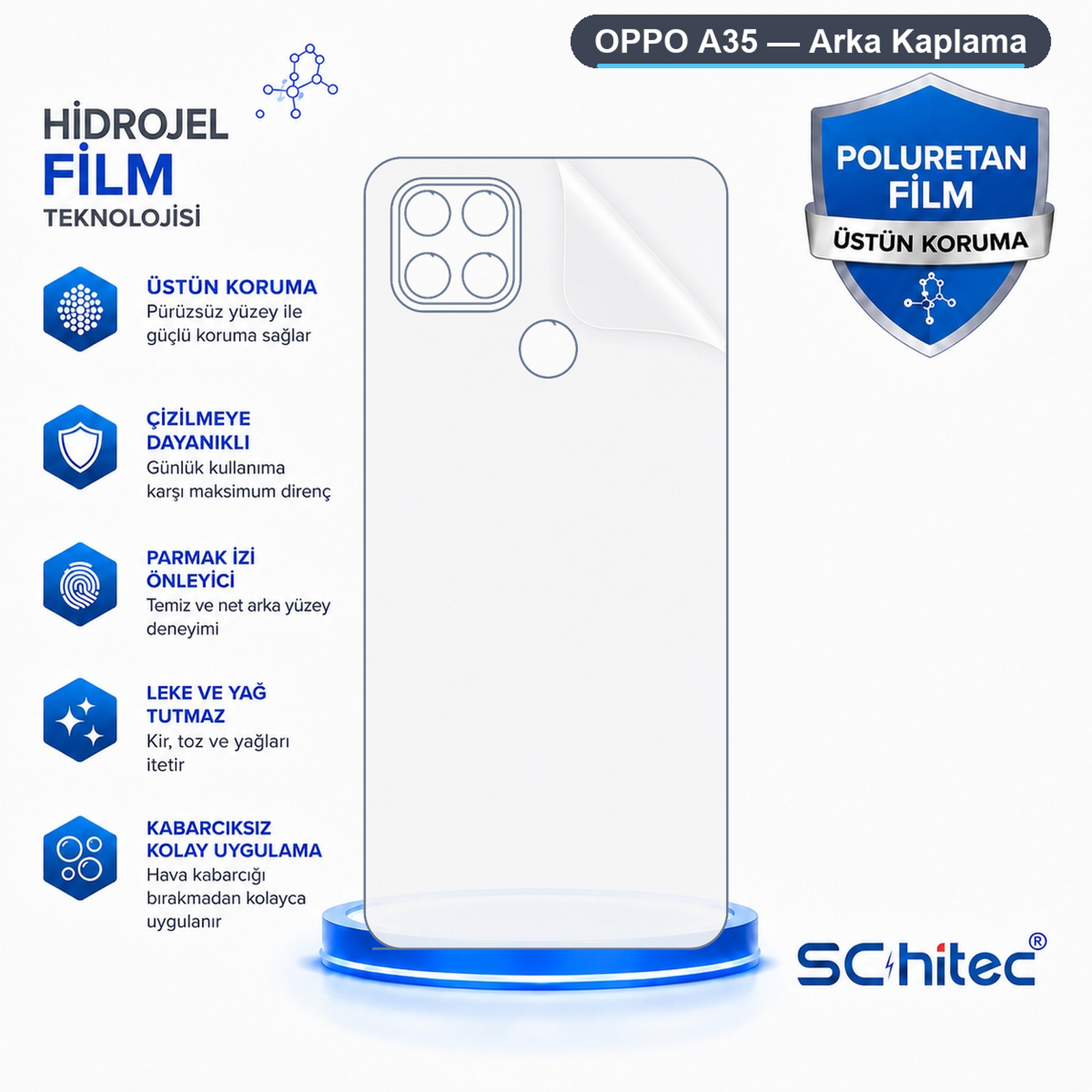 Oppo A35 arka koruyucu film özelliklerini ve avantajlarını gösteren şema.