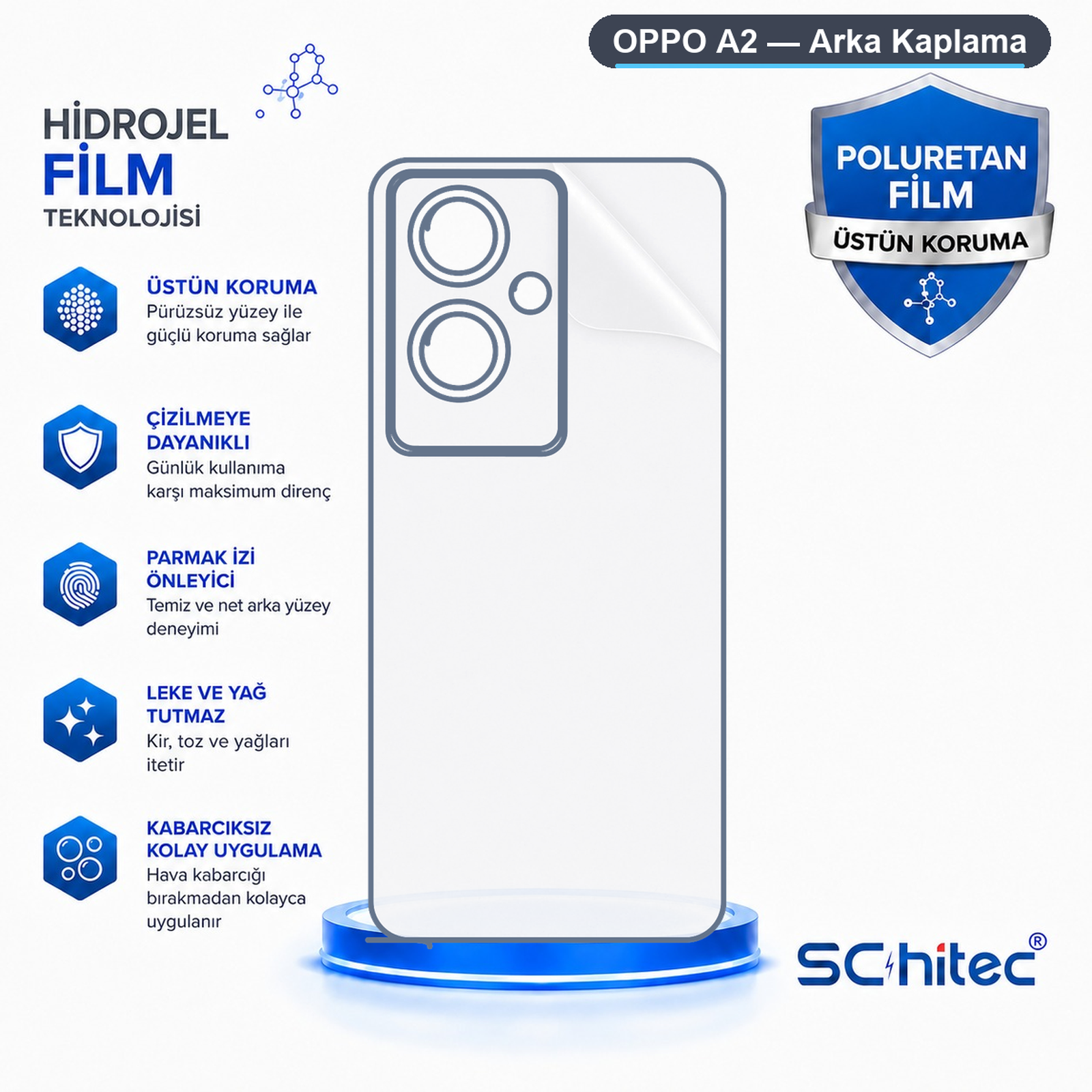 Mavi metin ve grafiklerle Oppo A2 arka kaplama hidrojel film reklamı.