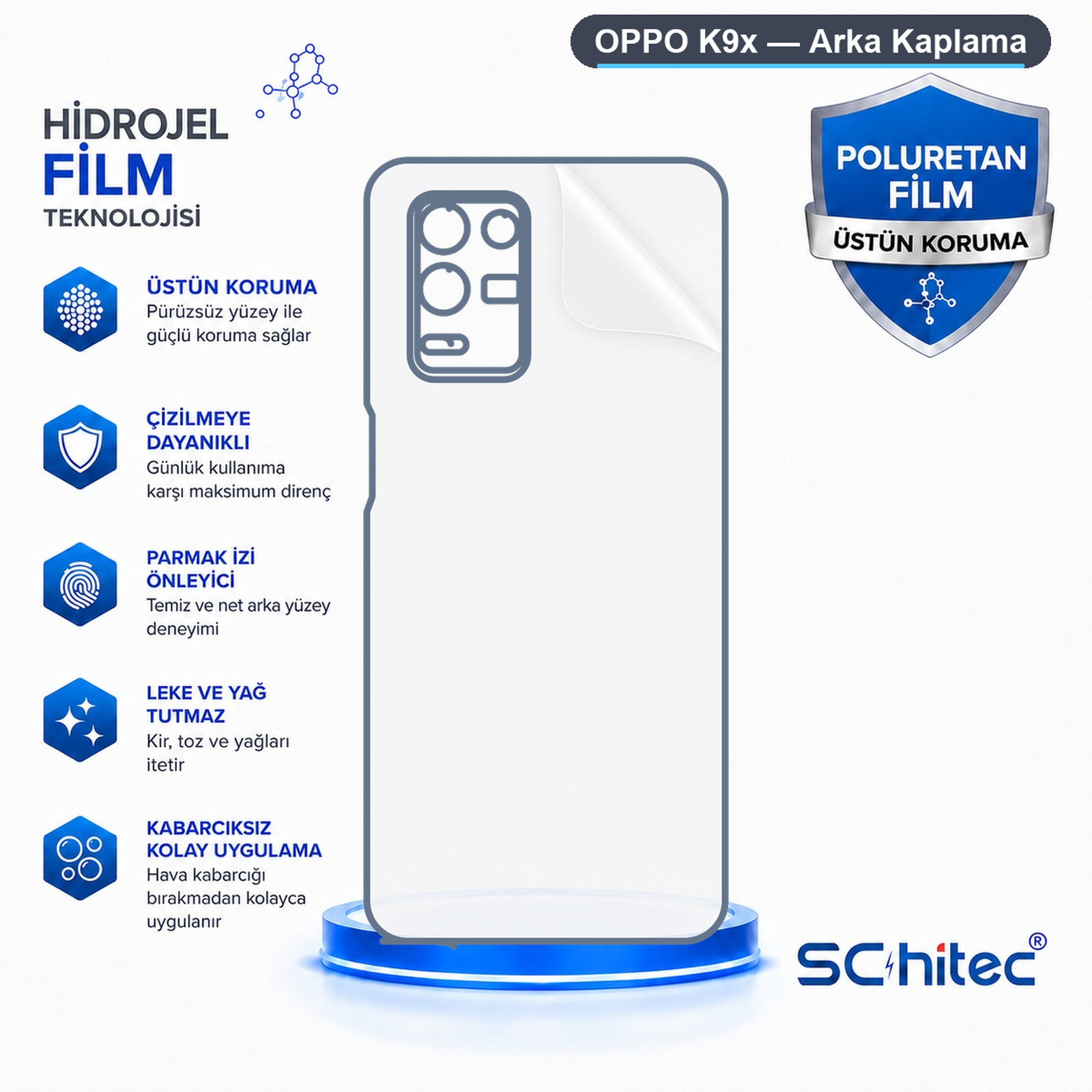 Çizilmeye dayanıklı, parmak izi bırakmayan ve kolay uygulanan özelliklere sahip OPPO K9x arka kaplama hidrogel film.