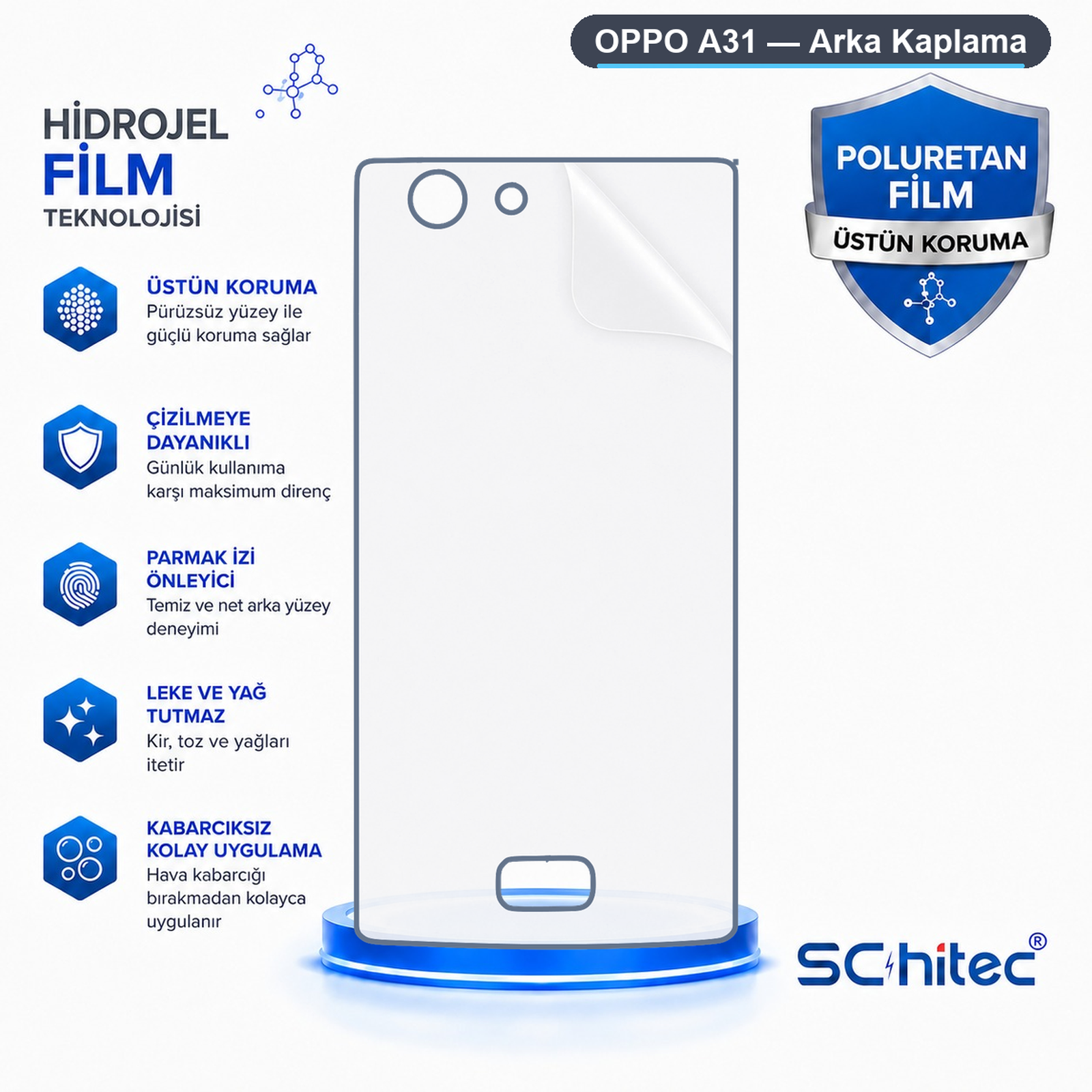 Mavi arka planda OPPO A31 hidrojel film koruyucu özelliklerini gösteren ürün reklamı.
