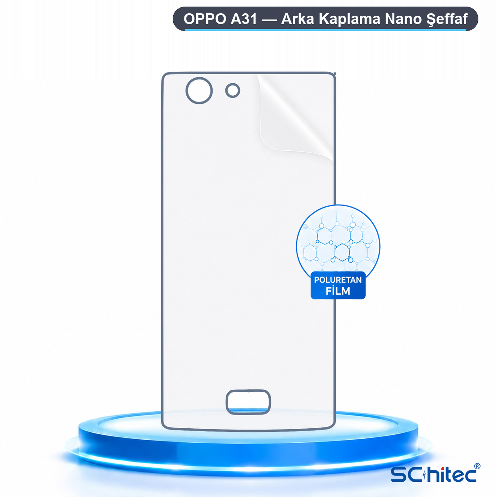 Parıltılı mavi podyum üzerinde Oppo A31 için şeffaf koruyucu film.