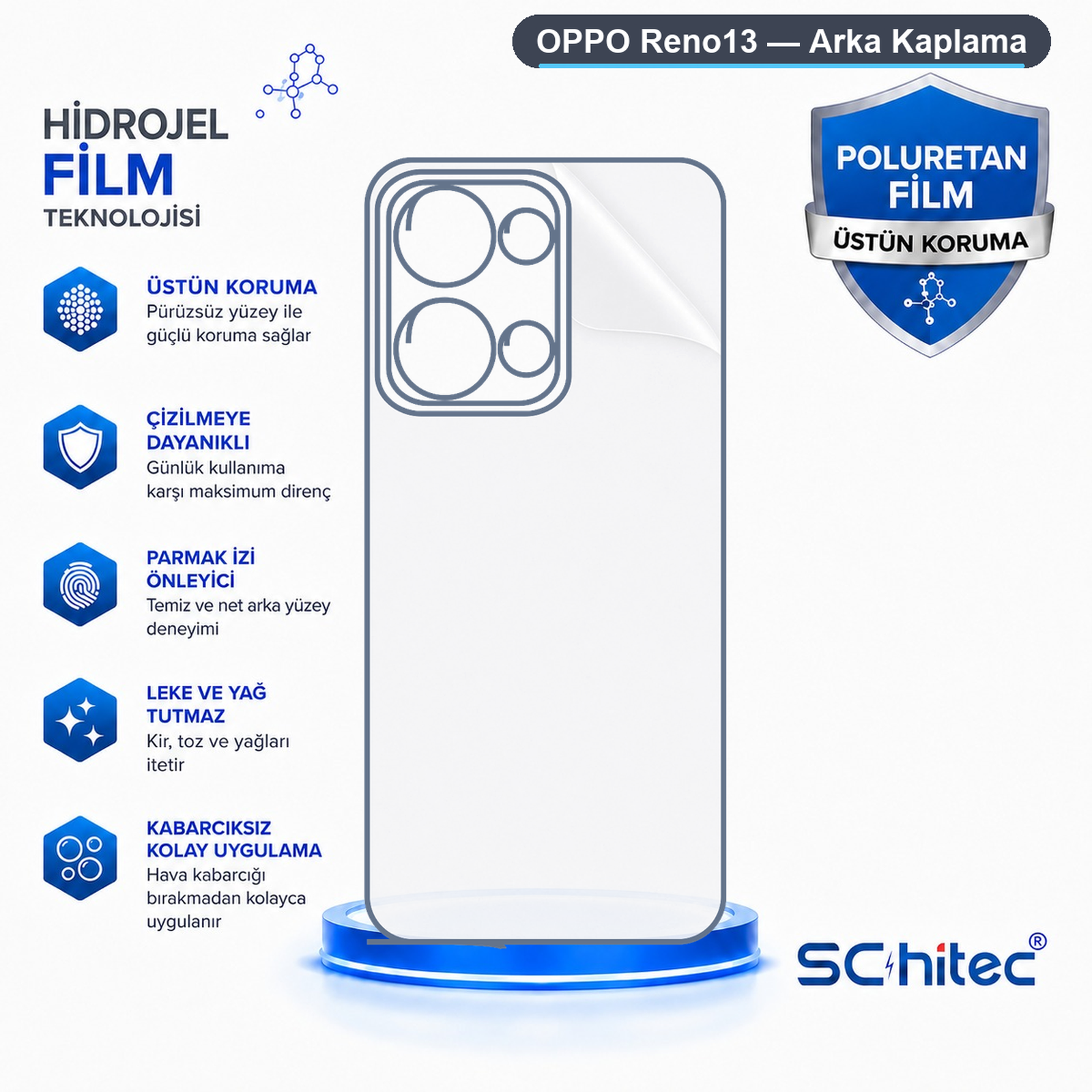 Hidrojel teknolojisi ve koruma özelliklerine sahip Oppo Reno13 arka kaplama için tanıtım grafiği.
