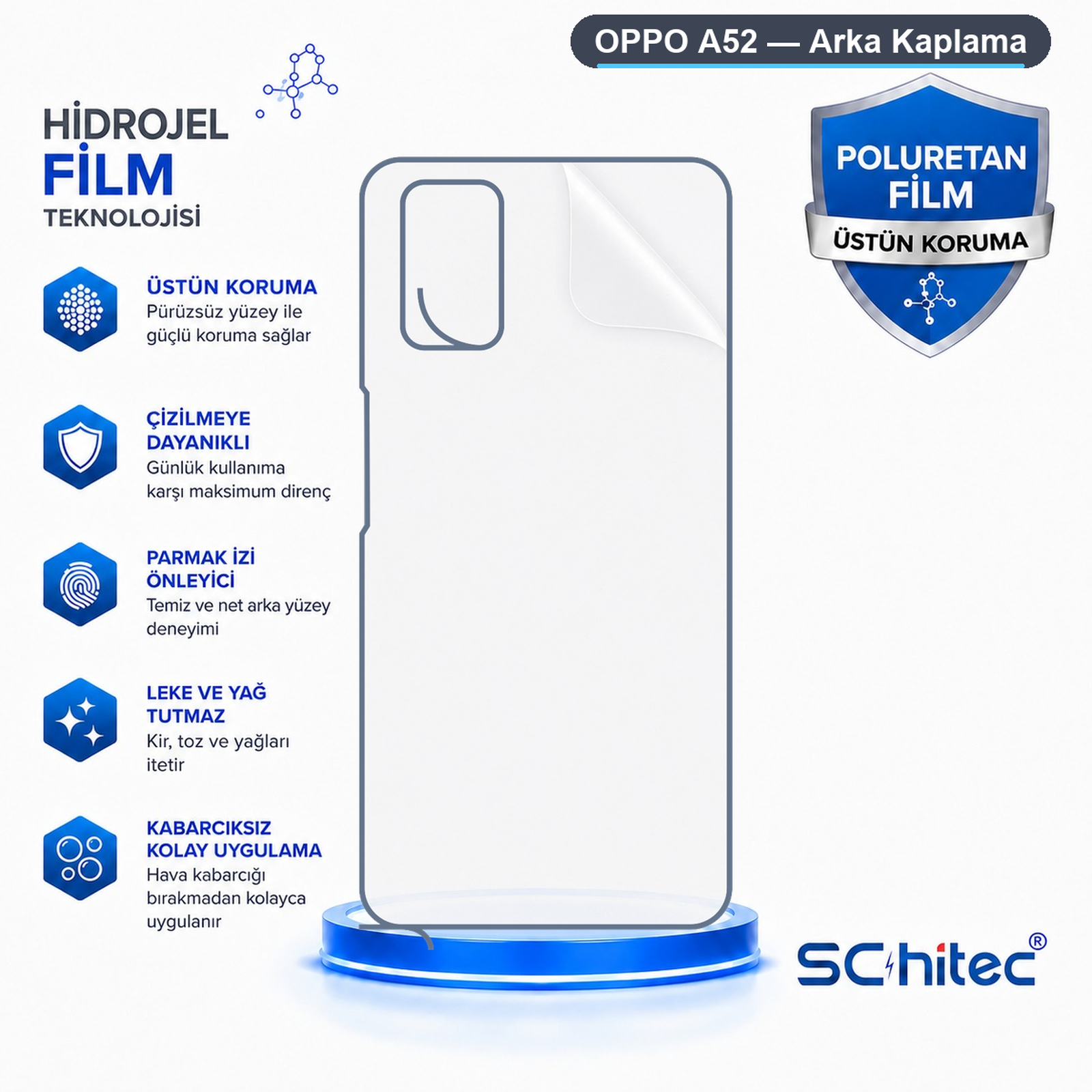 OPPO A52 hydrojel film reklamı, koruma ve malzeme avantajlarını gösteriyor.