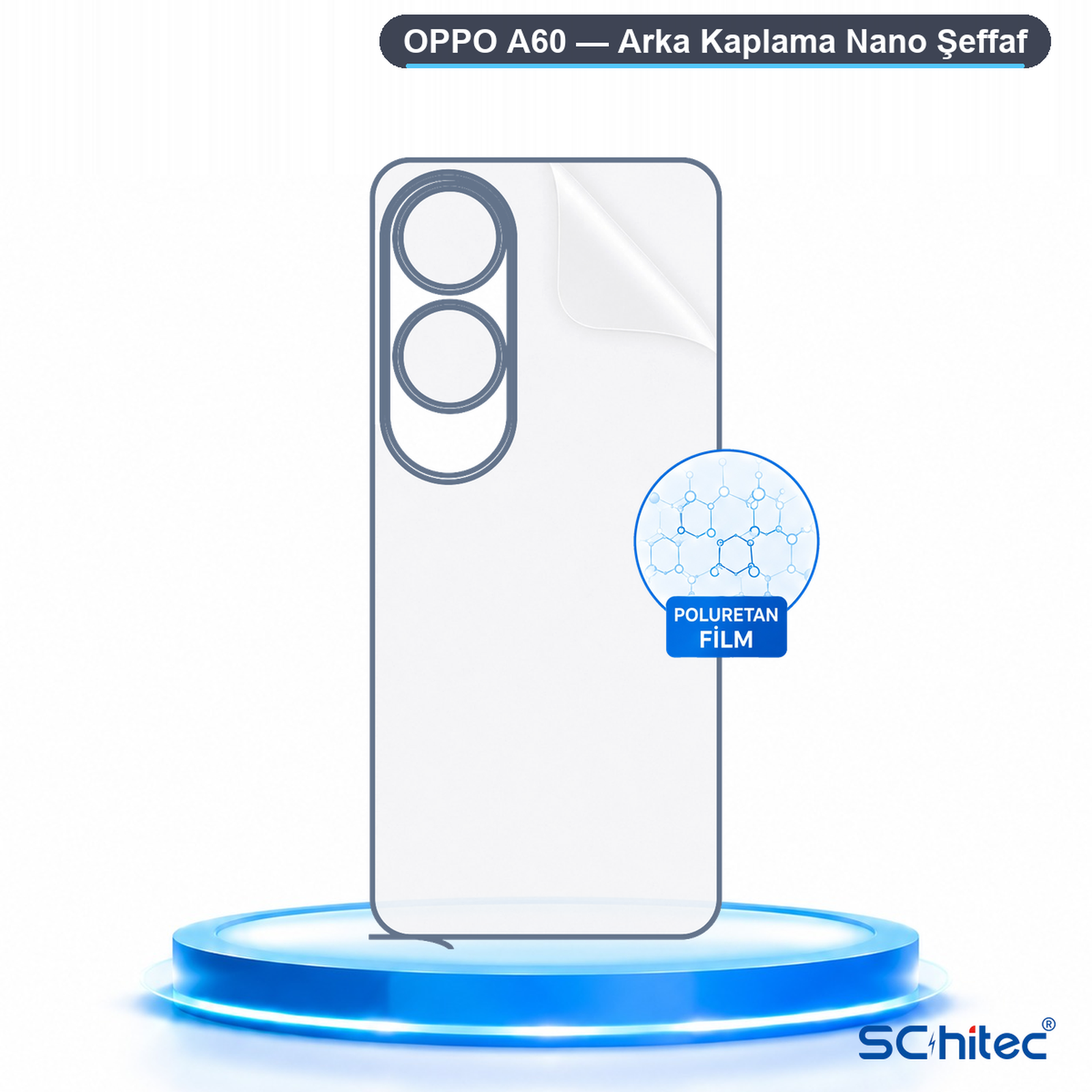 Mavi podyum üzerinde Oppo A60 için şeffaf arka poliüretan film.