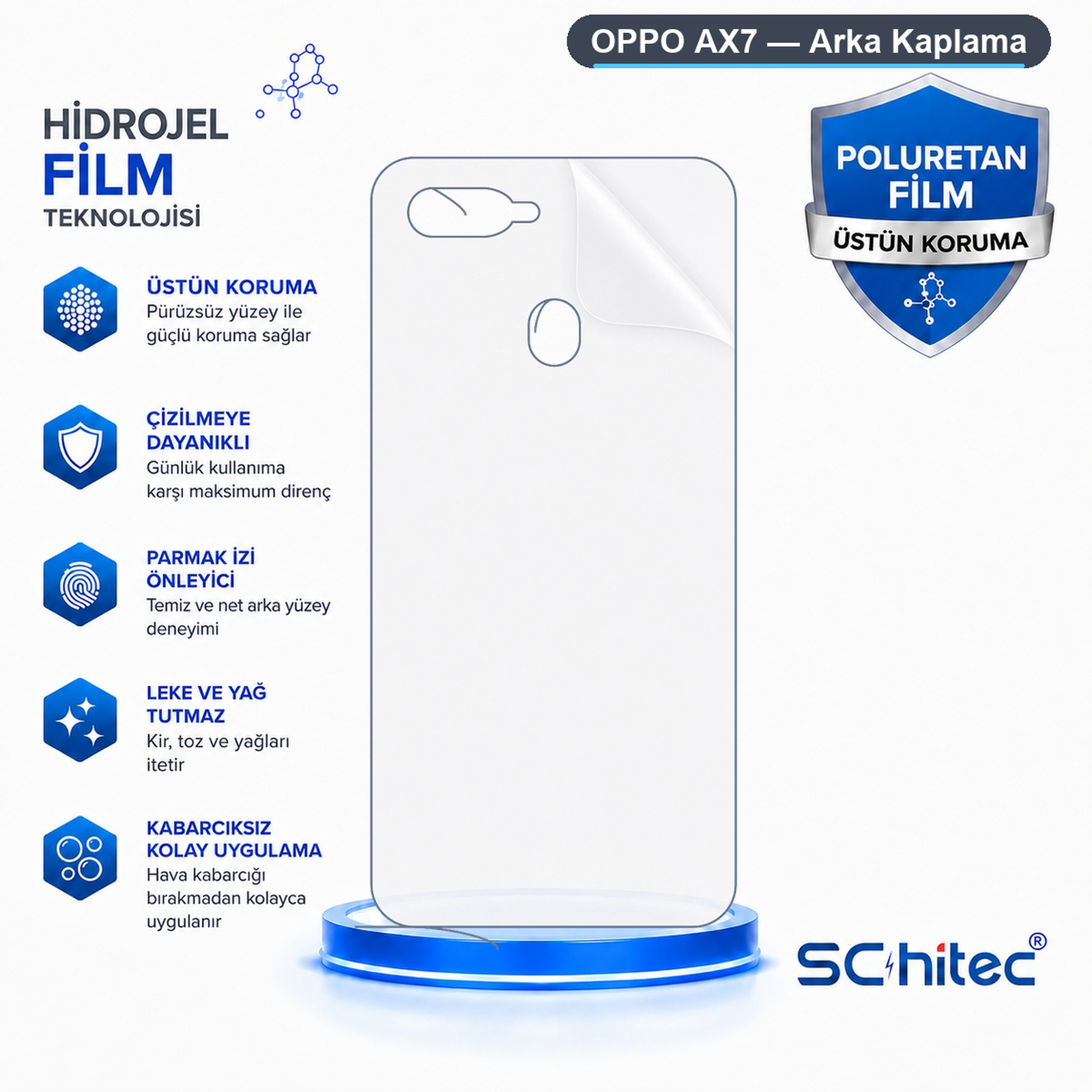 Özellikleri ve kalkan logosuyla OPPO AX7 için hidrojel film.