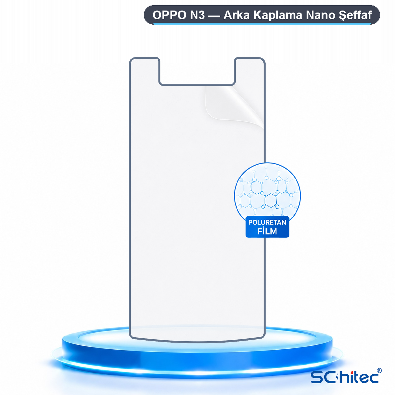 Mavi kaide üzerinde moleküler yapı grafiğiyle Oppo N3 şeffaf koruyucu film.