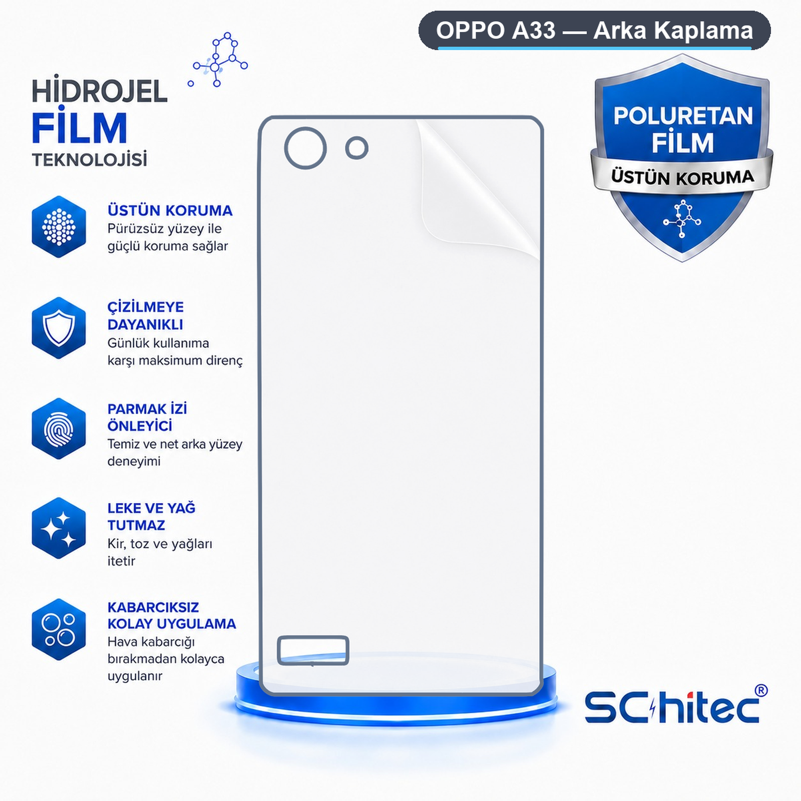 Oppo a33 için çizilmeye dayanıklı ve kabarcıksız uygulama özellikli hidrojel film afişi.