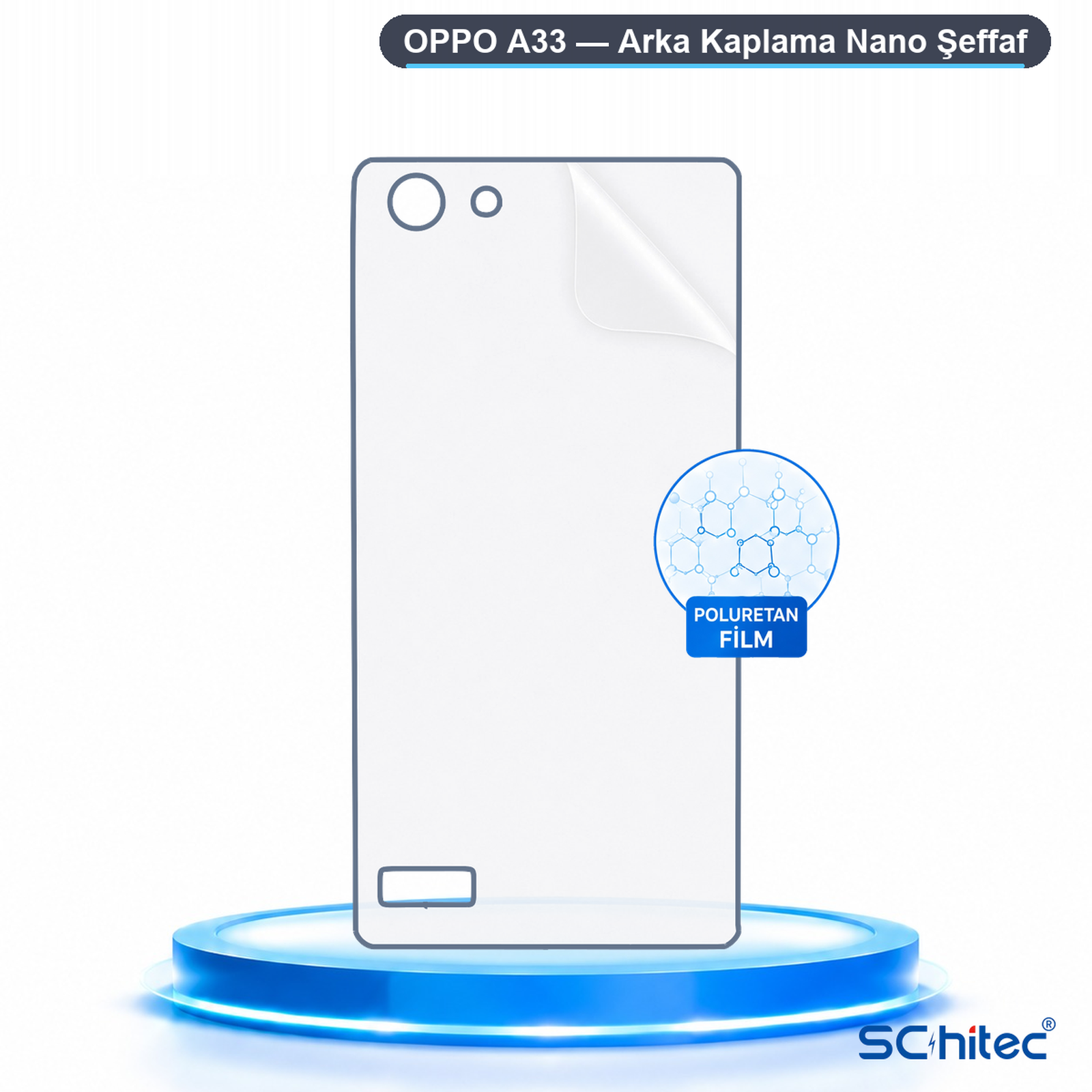 Parlayan mavi podyum üzerinde Oppo A33 için şeffaf arka kaplama filmi.