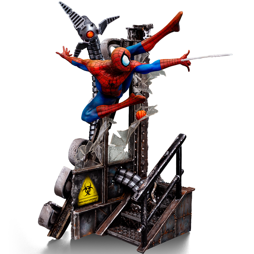 Figura di Spider-Man che salta su un'impalcatura industriale in rovina con un braccio robotico.