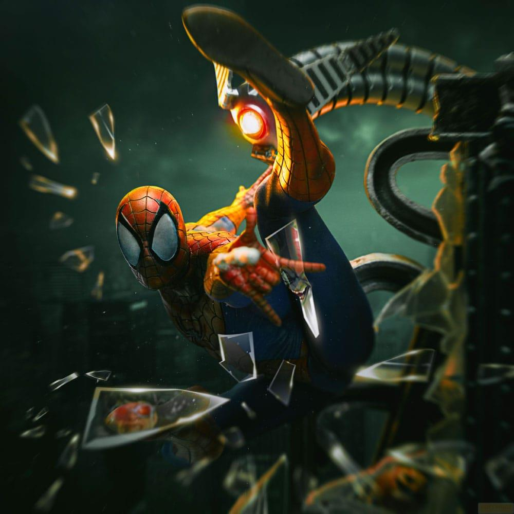 Spider-Man calcia attraverso un vetro rotto circondato dai tentacoli di Doc Ock.