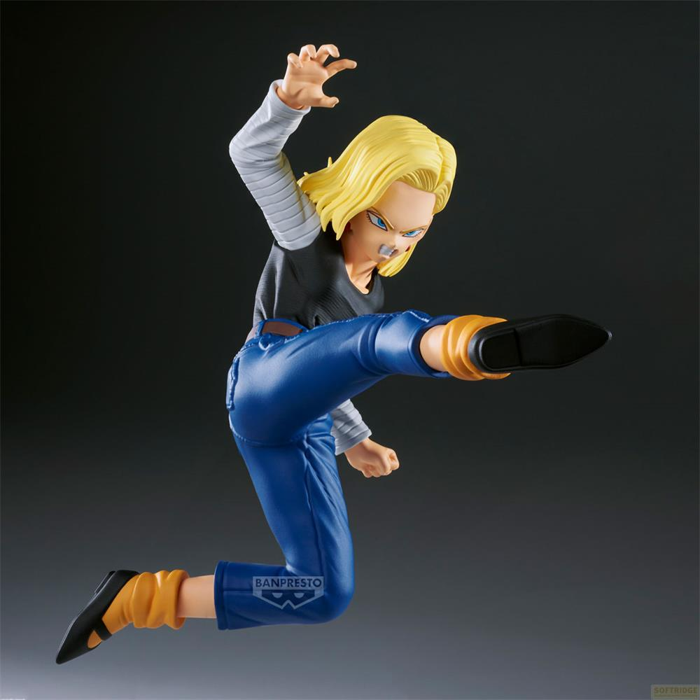 Figura anime di Android 18 in una posa dinamica di salto e calcio su sfondo scuro.