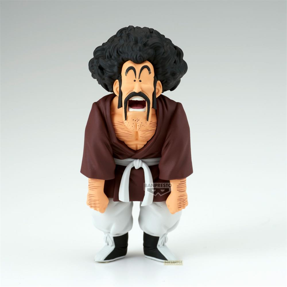 Una statuetta in vinile di Mr. Satan con grande afro, gi marrone, cintura bianca e pantaloni bianchi su sfondo neutro.