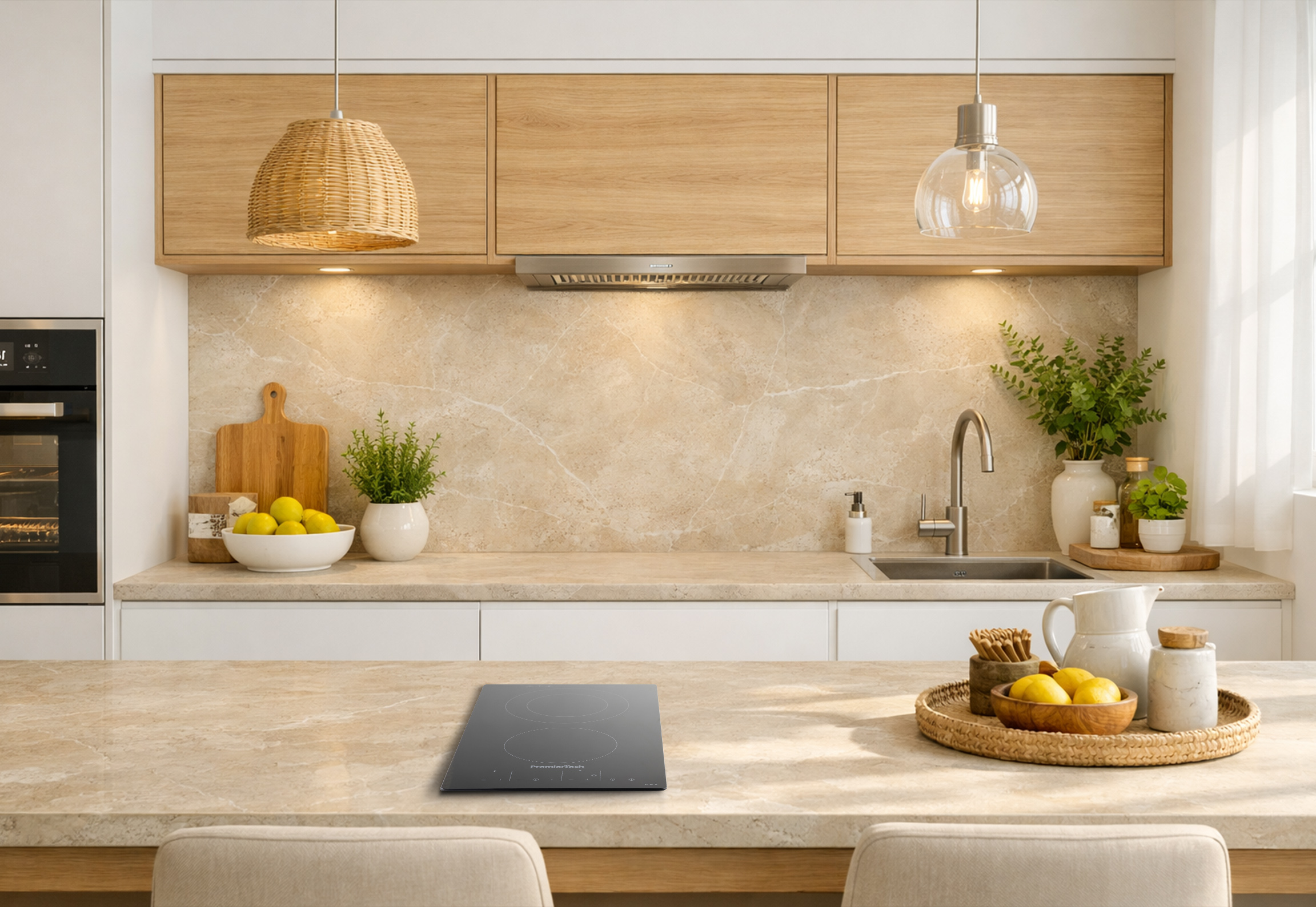 Moderna cucina con mobili in legno, ripiani in marmo chiaro, piano cottura a induzione e due lampade a sospensione.