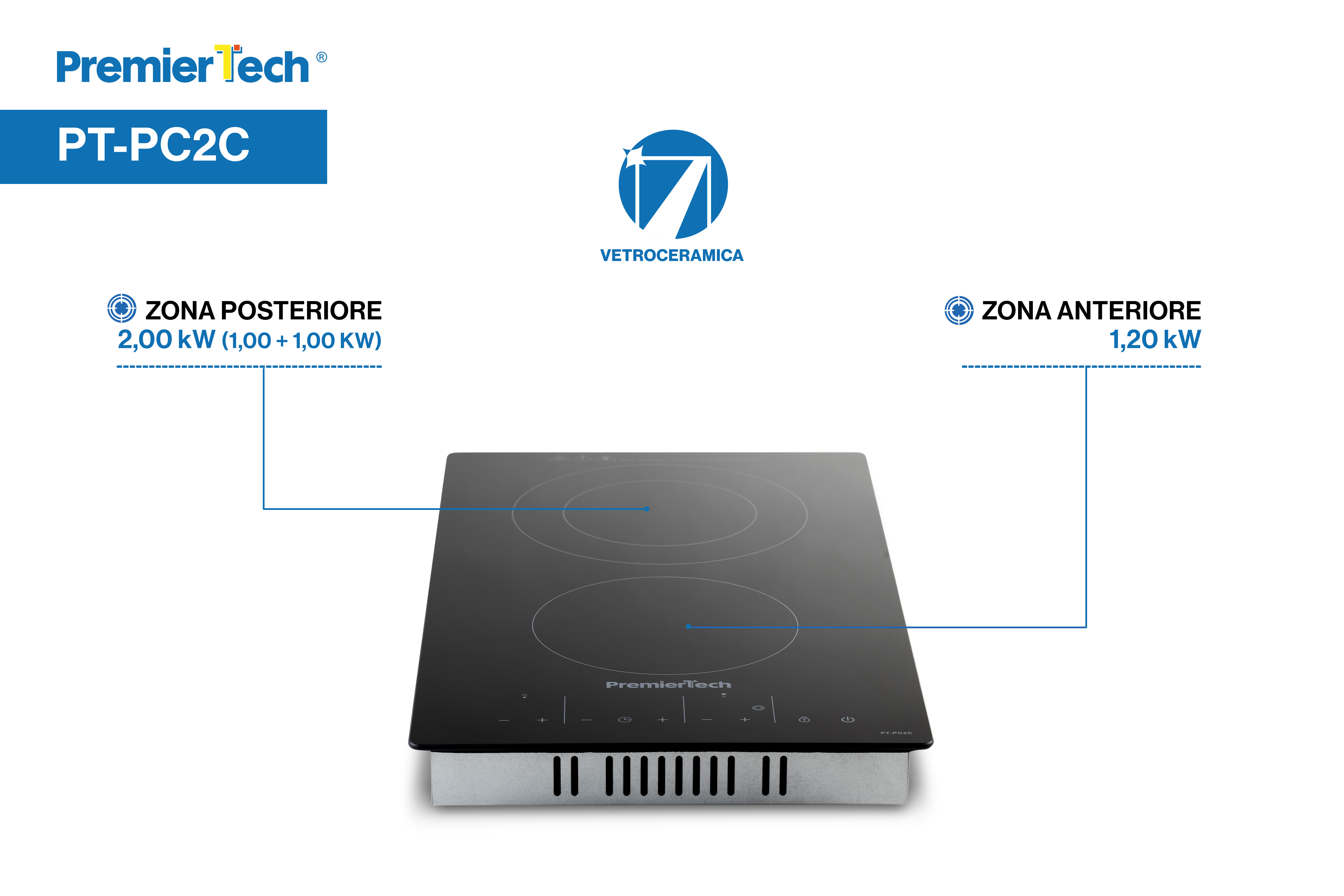 Piano cottura in vetroceramica Premier Tech PT-PC2C con due zone e potenze.