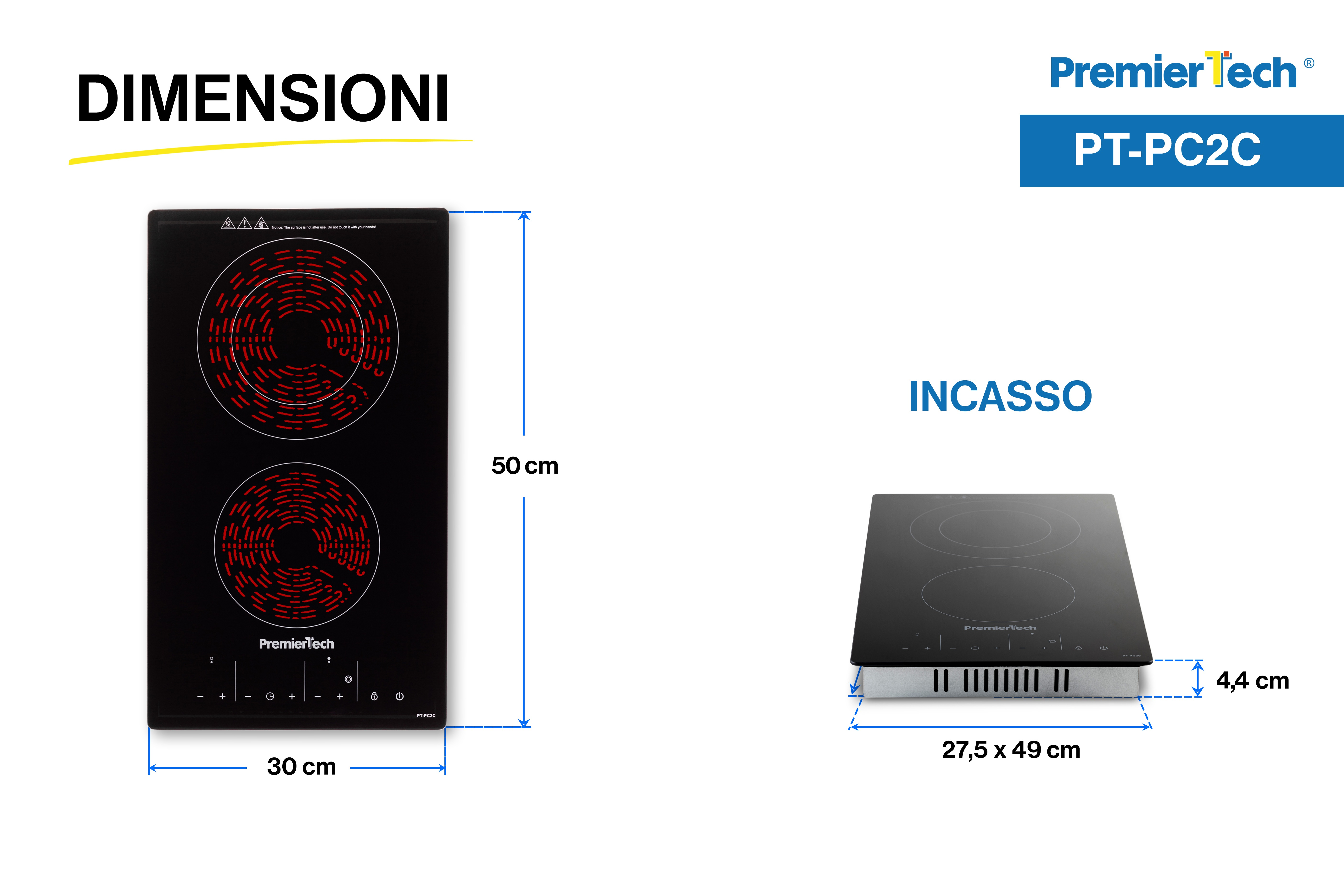 Disegno tecnico e dimensioni del piano cottura a induzione PremierTech PT-PC2C 30x50 cm.