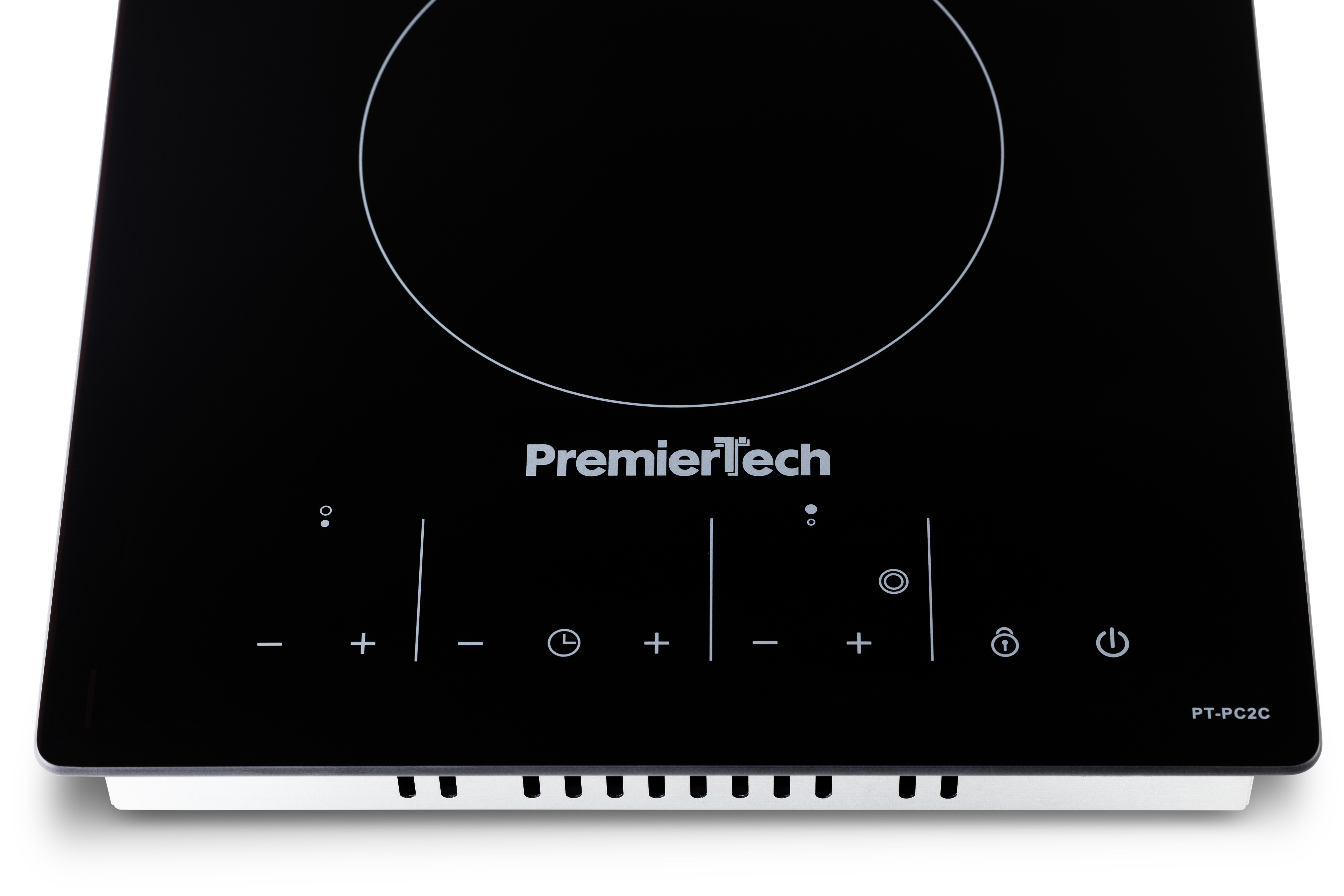 Piano cottura a induzione nero PremierTech con pannello touch e zona cottura bianca.