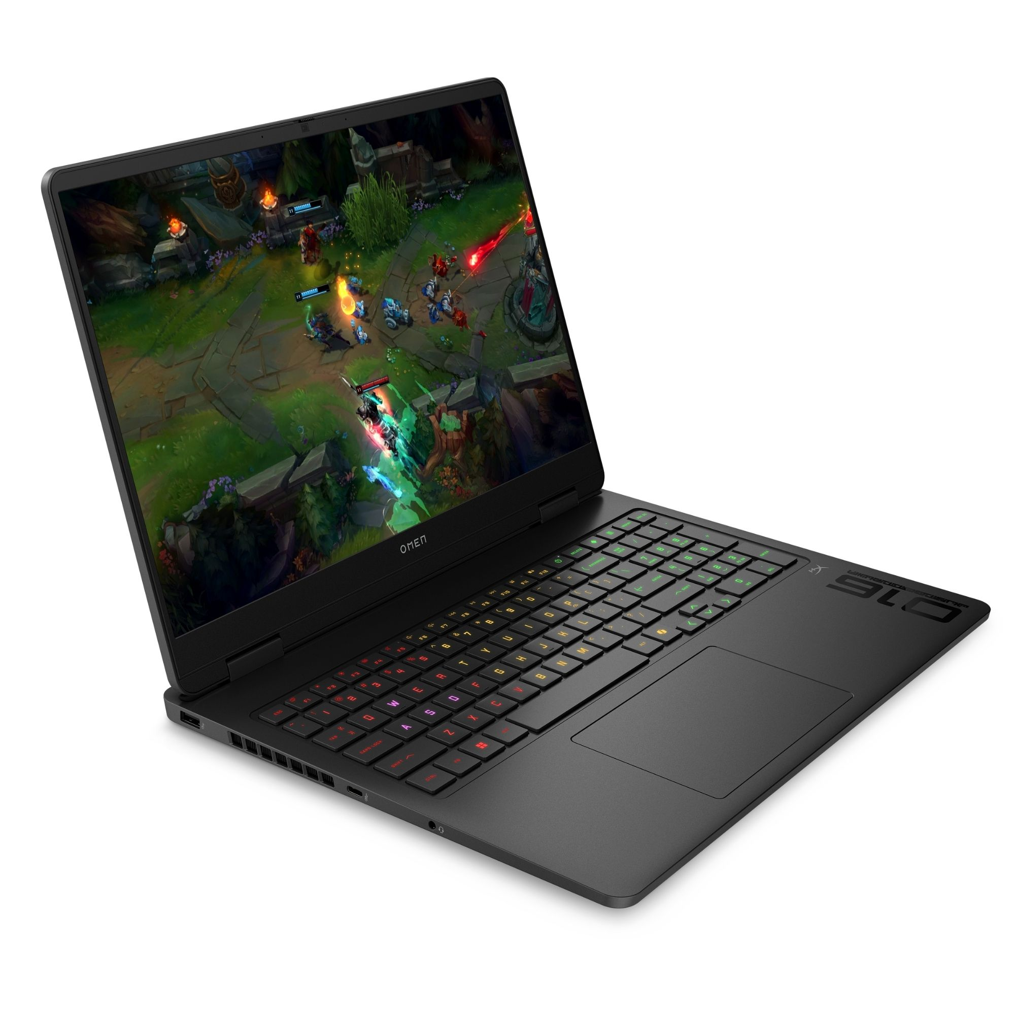 Ekranında bir video oyunu ve aydınlatmalı klavyesi olan siyah bir HP Omen 16 dizüstü bilgisayar.