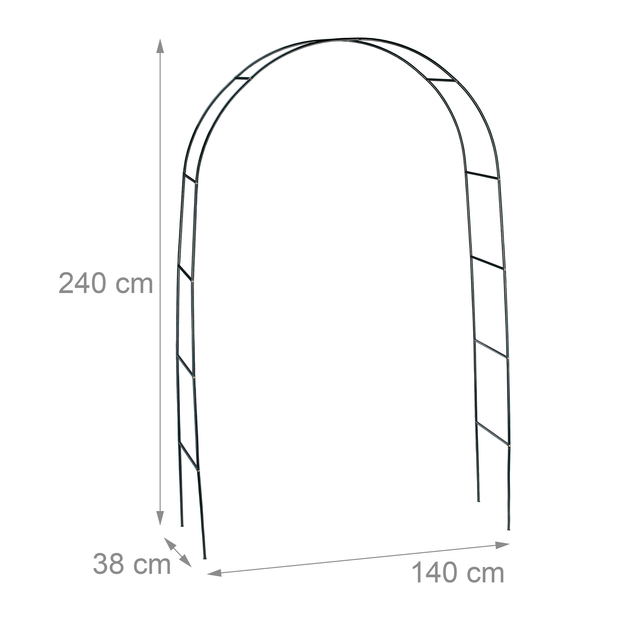 Ein schwarzer Metall-Gartenbogen mit den Maßen 240 cm Höhe, 140 cm Breite und 38 cm Tiefe auf weißem Hintergrund.