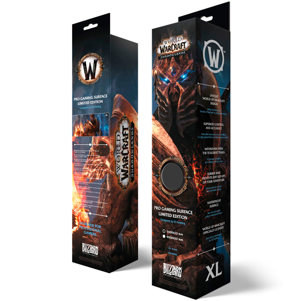 Verpackung der World of Warcraft Shadowlands Pro Gaming Surface Limited Edition mit Charaktergrafik und Details.
