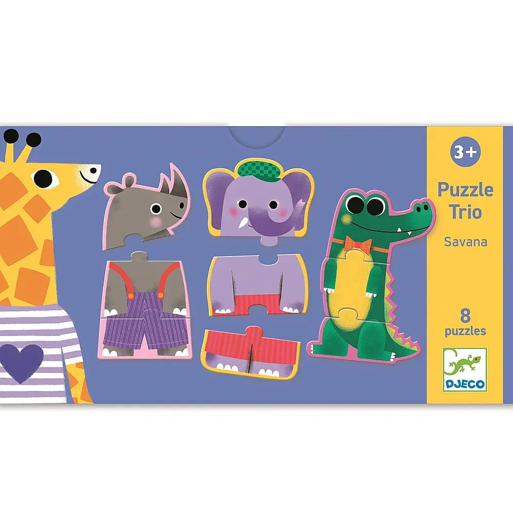 Animaux de la savane colorés en puzzles de trois pièces sur fond violet.
